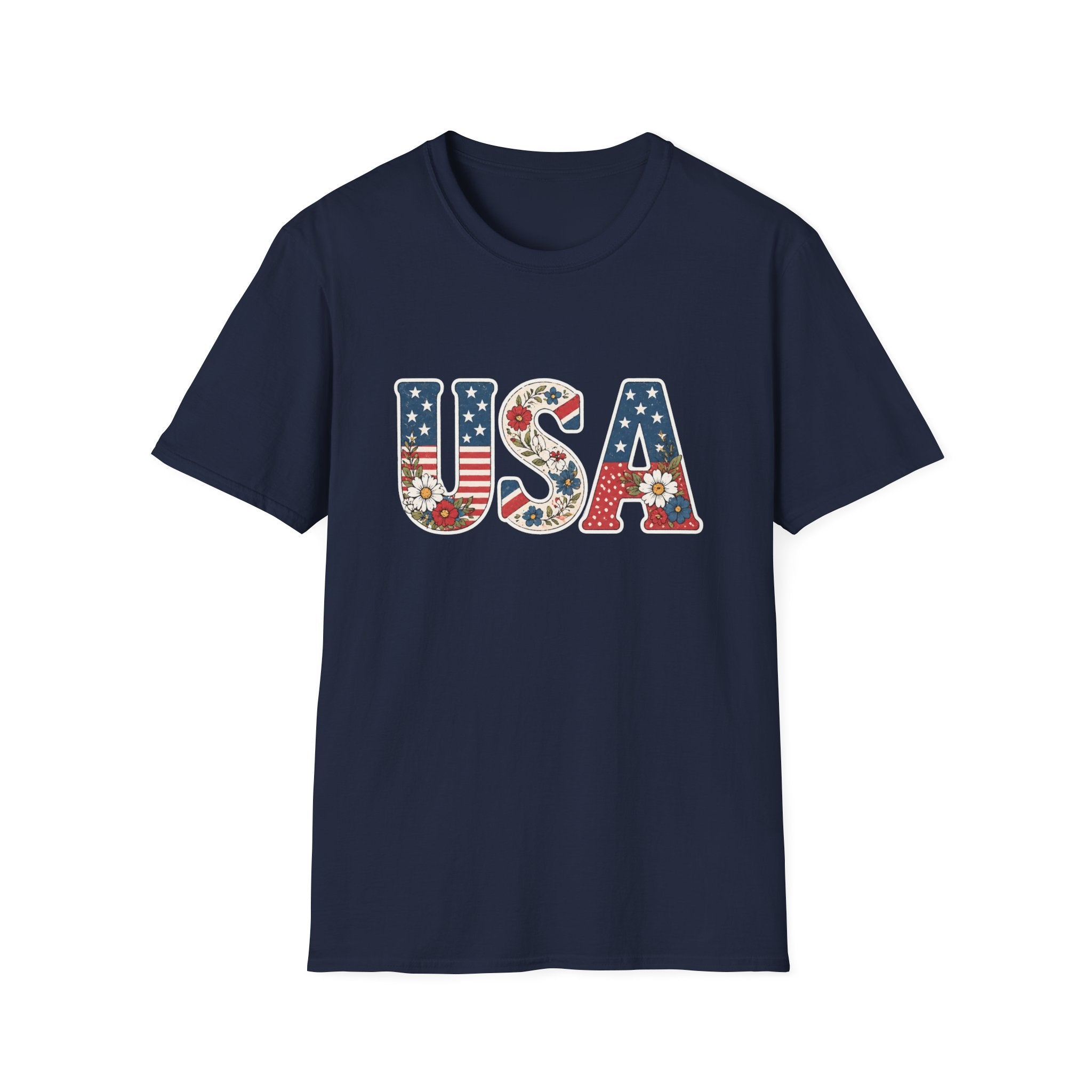 Floral USA T-Shirt, Cottagecore Patriotic Flower Letter Tee, 4th of July Wildflower America Shirt, Stars Stripes Daisy Poppy Gift, Vintage Botanical