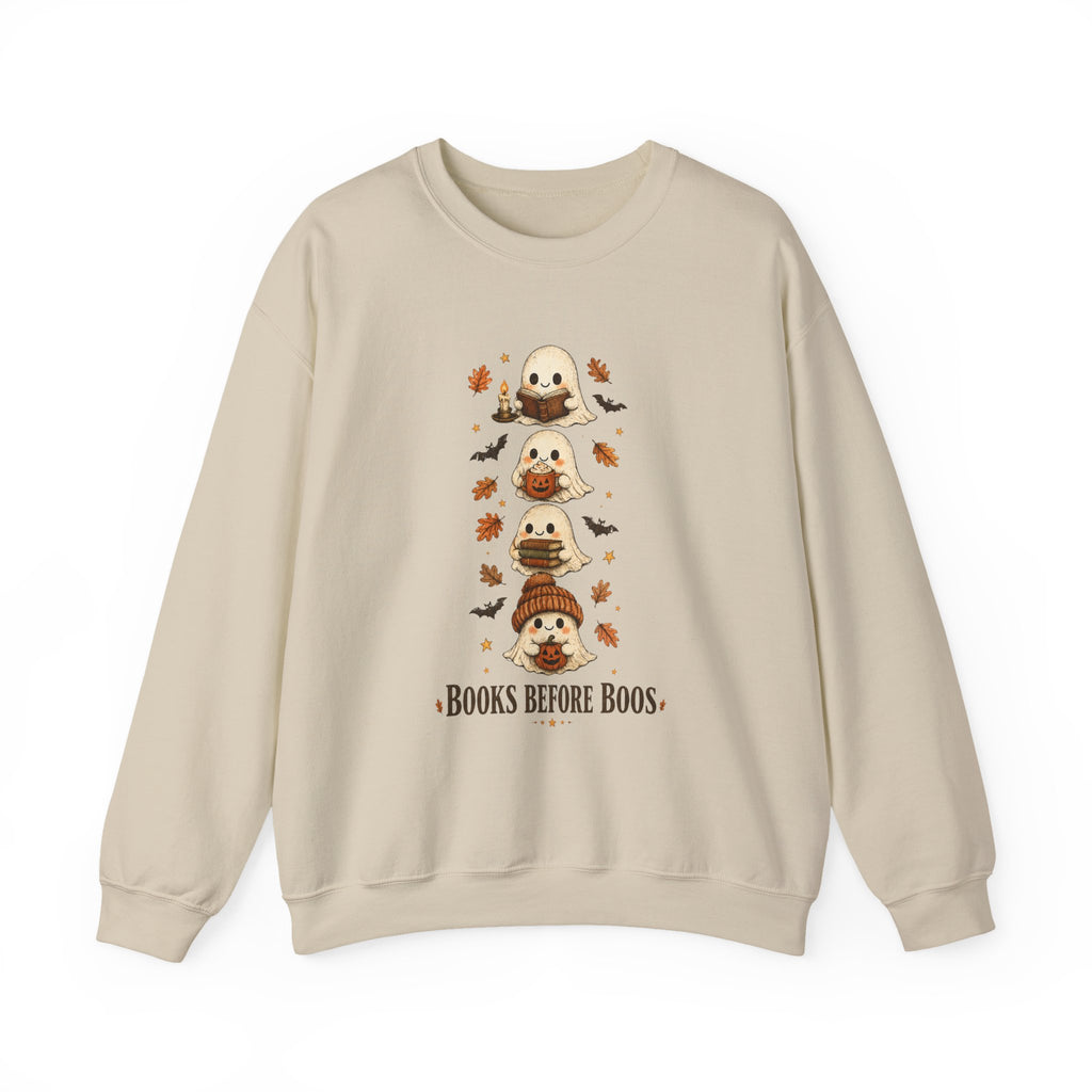 "Books Before Boos" Cute Halloween Ghost Stack Crewneck Sweatshirt