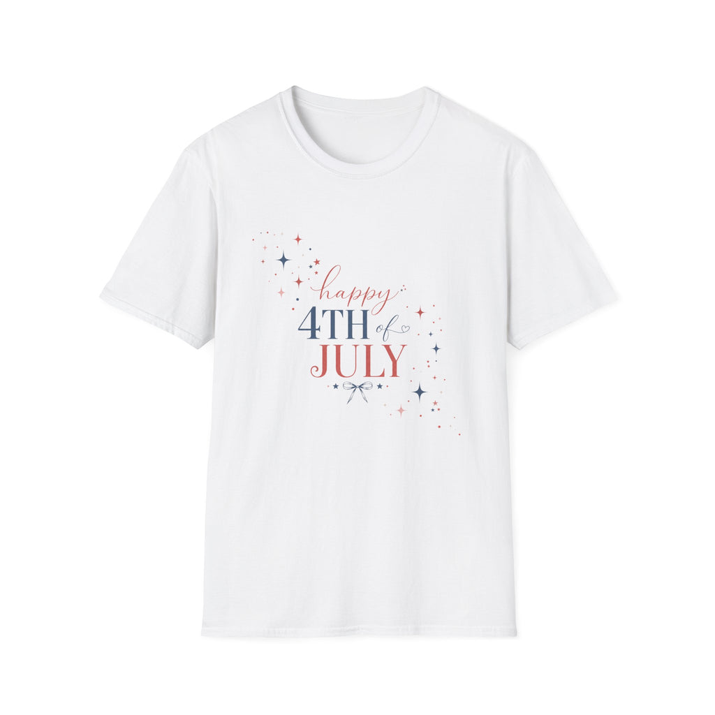 Happy 4th of July Sparkle Bow T-Shirt, Coquette Patriotic Sparkle Star Tee, Feminine Independence Day Shirt, Cute Mixed Typography 4th July