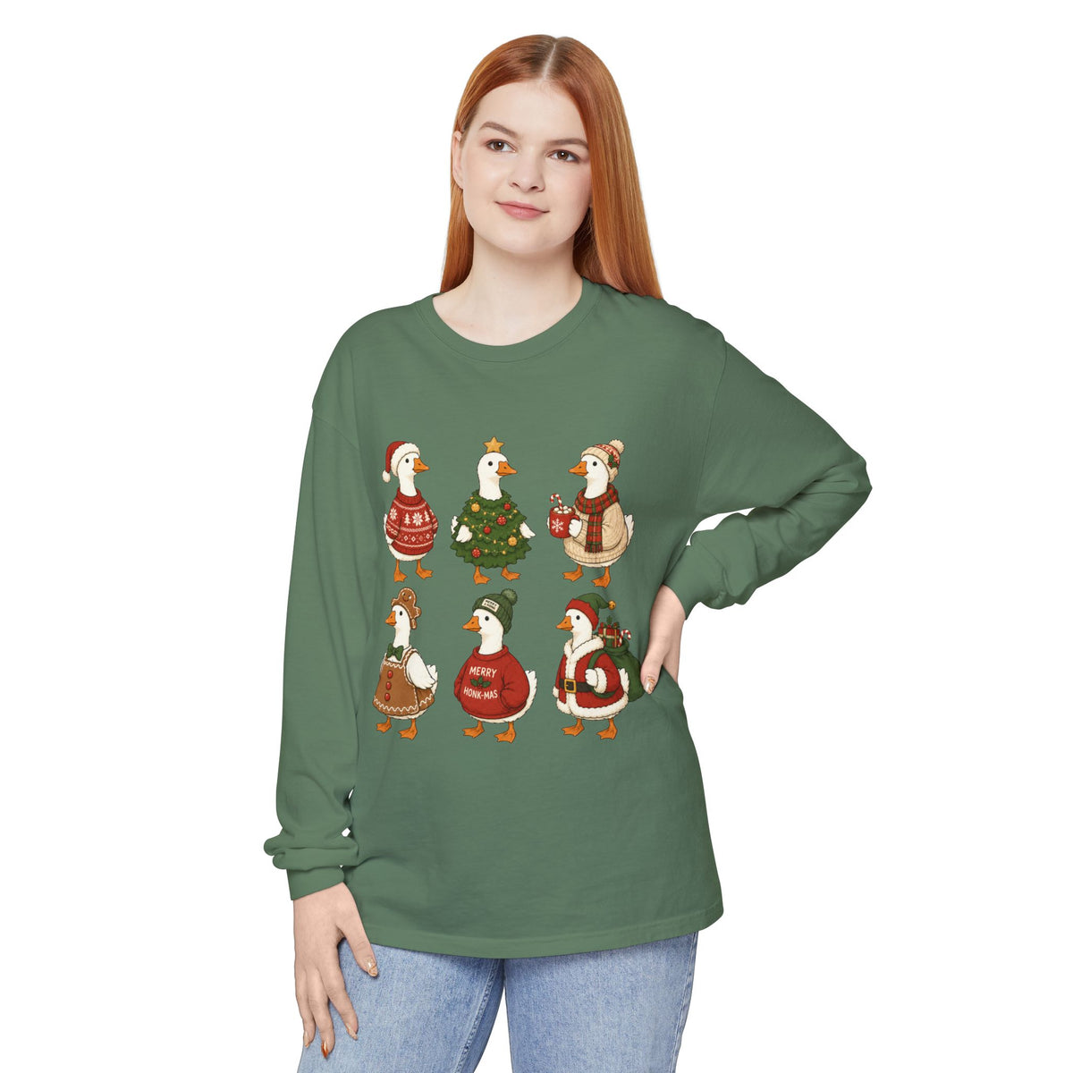 Cute Christmas Geese Holiday Ducks in Sweaters & Tree Long Sleeve T-shirt