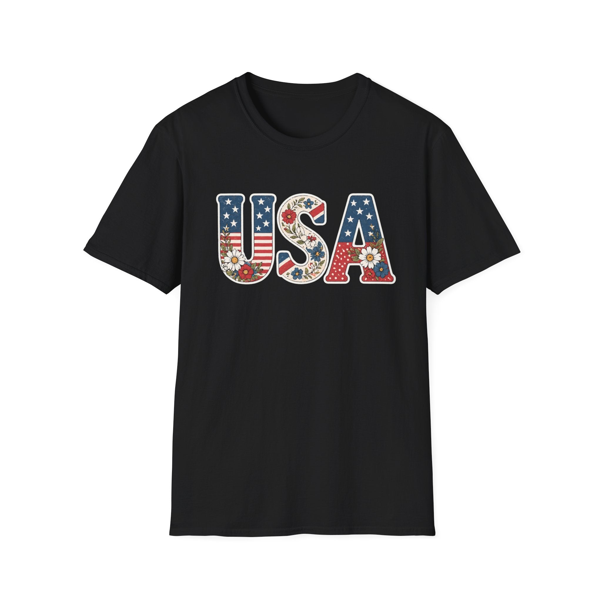 USA Patriotic Floral T-Shirt | American Flag Block Lettering Graphic Tee, Fourth Of July Vintage Cottagecore Top