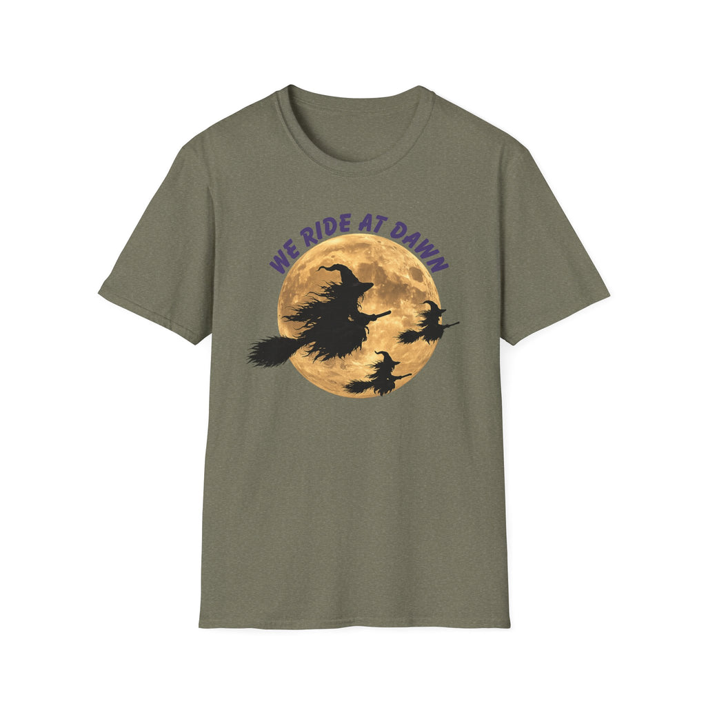 We Ride at Dawn Witch Tee — Halloween Moon Witch T-Shirt