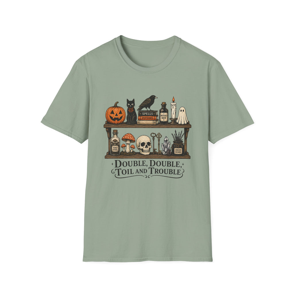 Halloween Potion Shelf T‑Shirt — "Double, Double, Toil and Trouble"