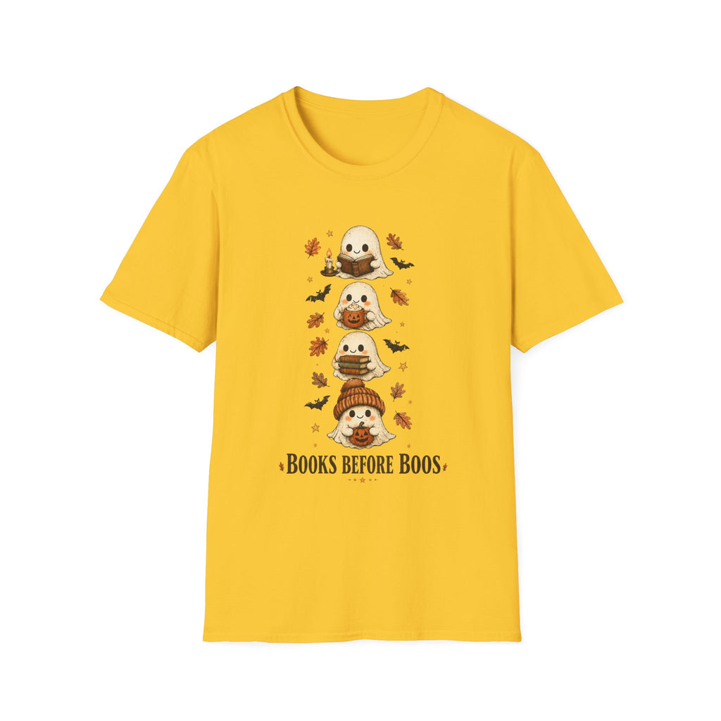 Ghost Stack T‑Shirt — "Books Before Boos" Cute Halloween Reading Tee