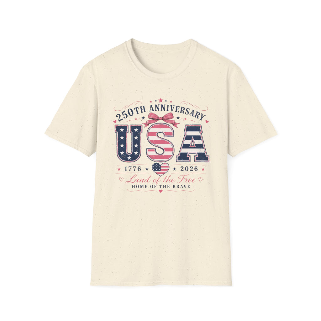 250th Anniversary USA Coquette Bow Shirt, Land of the Free Home of the Brave Women's Tee, Varsity Stars Stripes Heart 1776 2026 T-Shirt