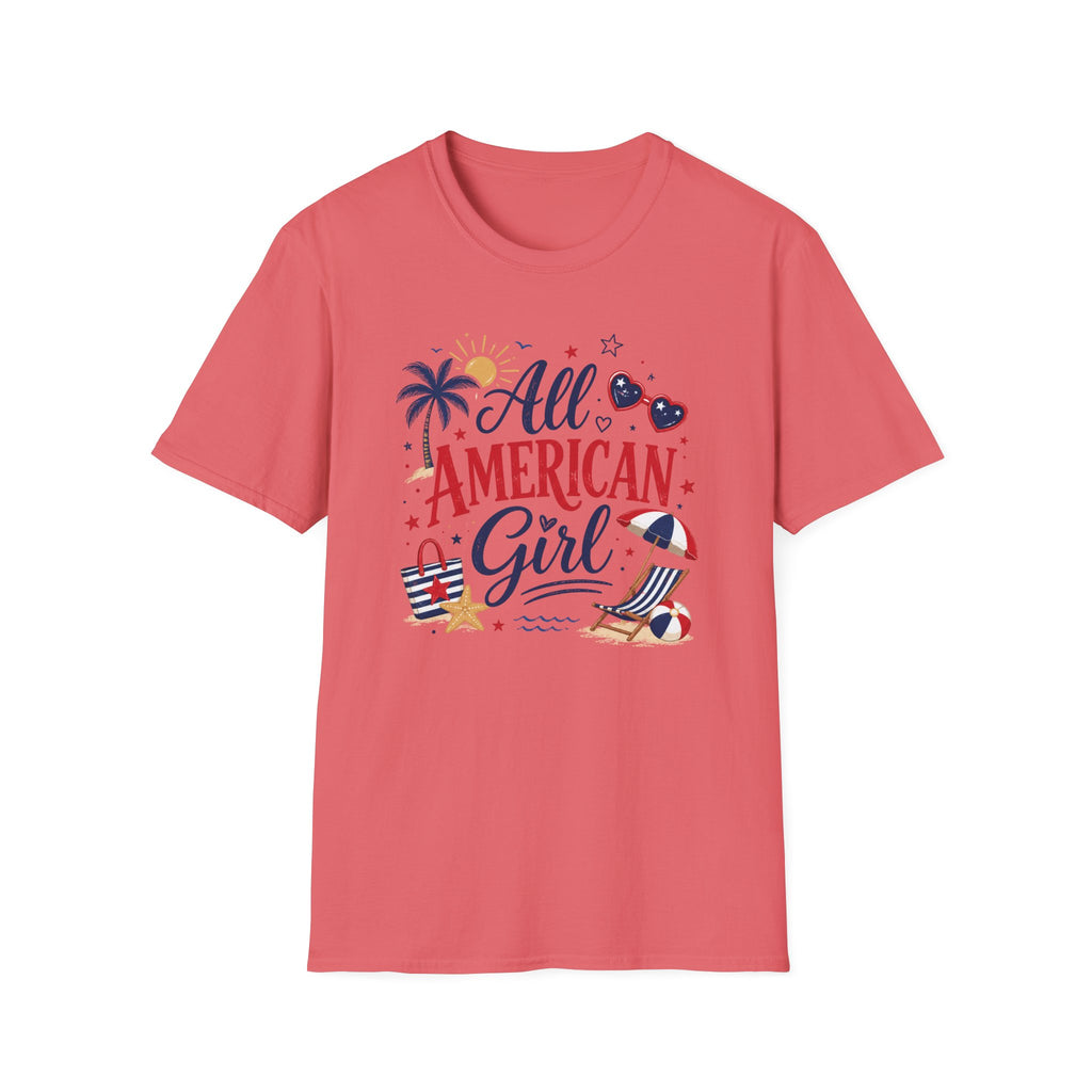 All American Girl Graphic Tee - Patriotic 4th of July Summer Beach T-Shirt
