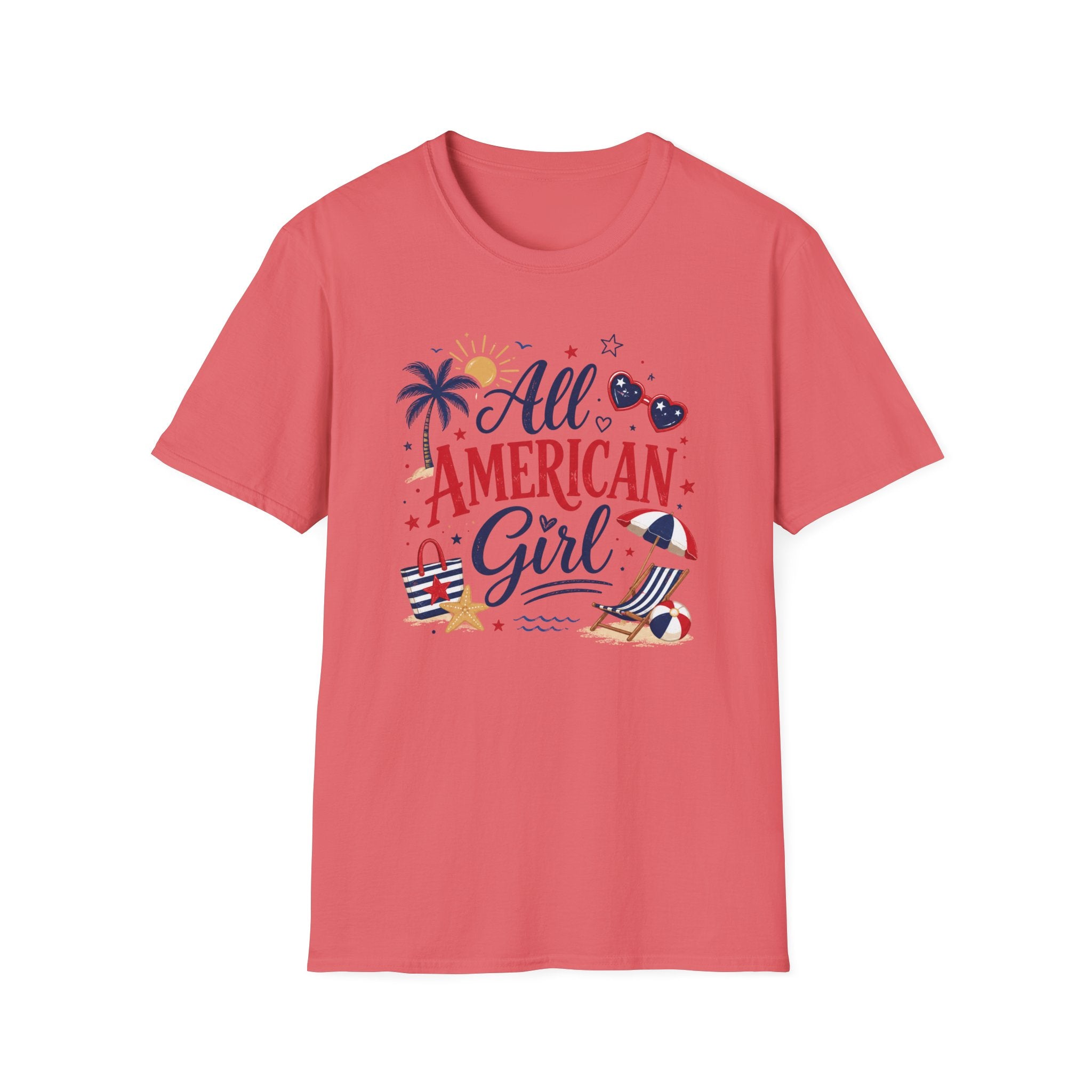 All American Girl Graphic Tee - Patriotic 4th of July Summer Beach T-Shirt
