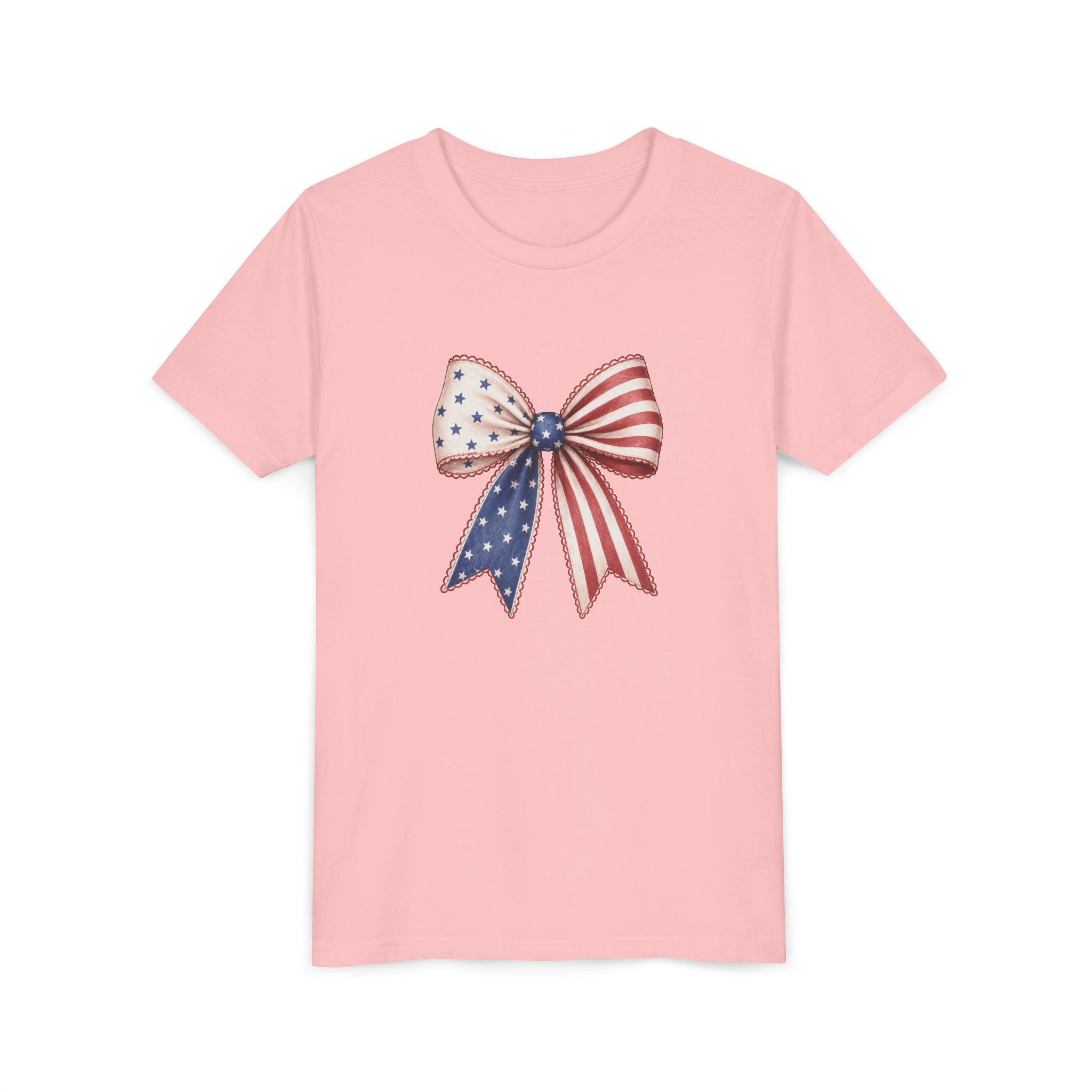 Patriotic Flag Bow Tee, Red White Blue USA Shirt, American Pride Graphic Top, Fourth of July Celebration Outfit Youth Short Sleeve Tee