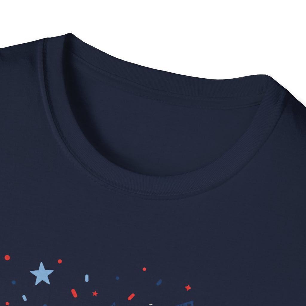 Patriotic Doodle Collage T-Shirt, Cute 4th of July Bow Heart Flag Confetti Tee, Whimsical Festive America Shirt, Coquette Patriotic Icon Scatter Gift