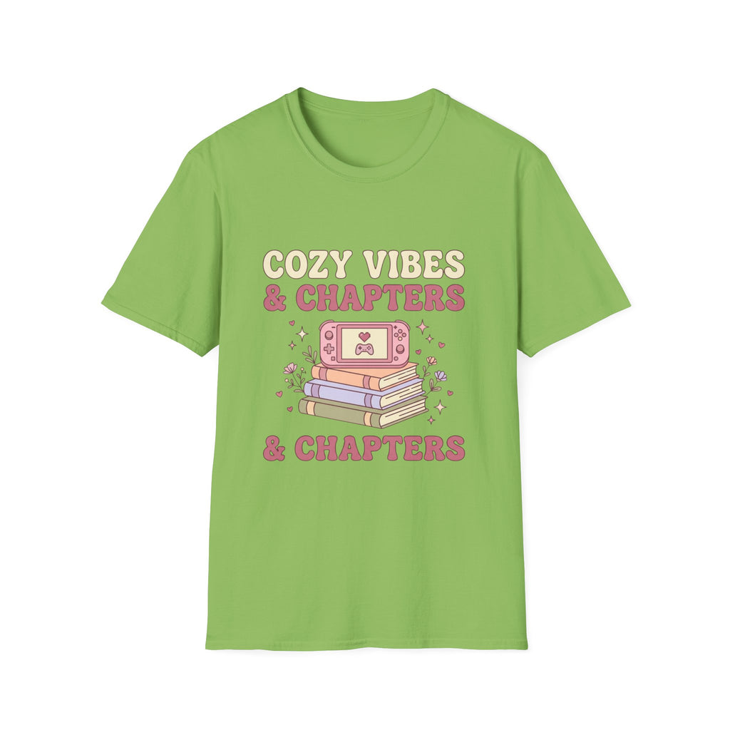 Cozy Vibes & Chapters T-Shirt — Cute Gamer + Booklover Graphic Tee