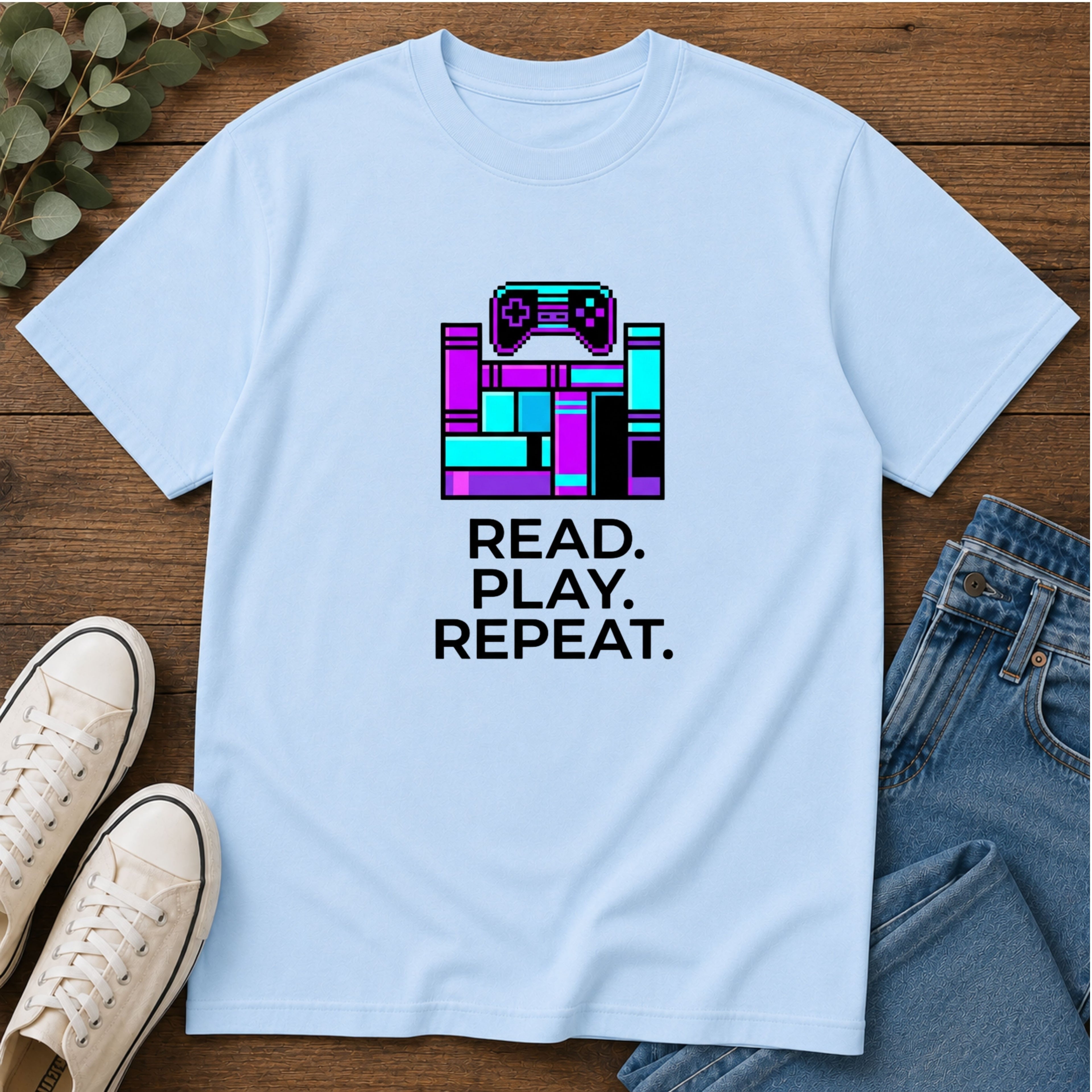 Gaming T-Shirt — Read. Play. Repeat. Retro Controller Graphic