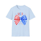 USA Patriotic Bow Tee, Red White Blue Fireworks Shirt, Cute American Pride Graphic Top, Fourth of July Celebration Outfit T-Shirt