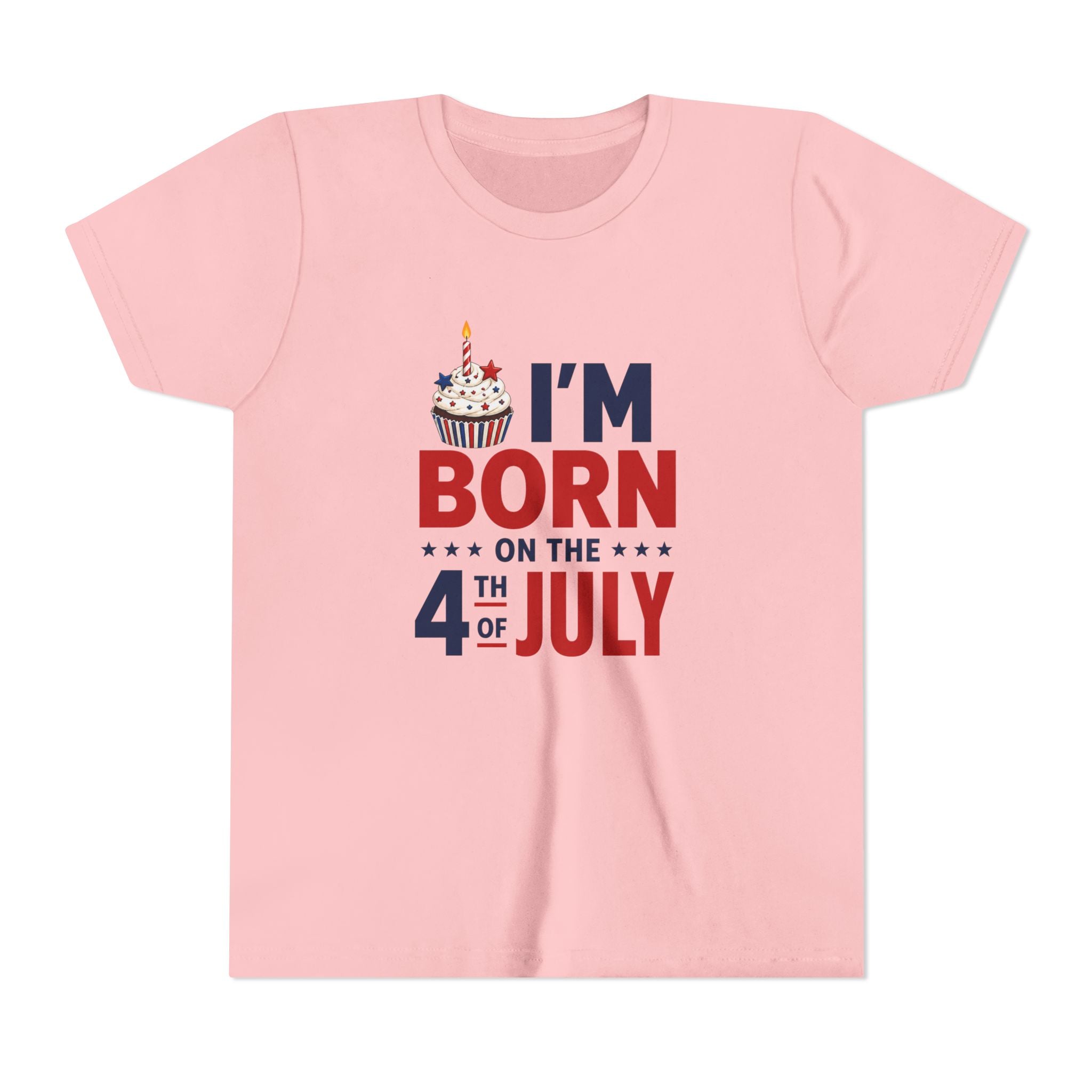 Born on the 4th of July Tee, Patriotic Birthday USA Shirt, Red White Blue Cupcake Graphic Top, Independence Day Celebration Outfit Youth Short Sleeve Tee