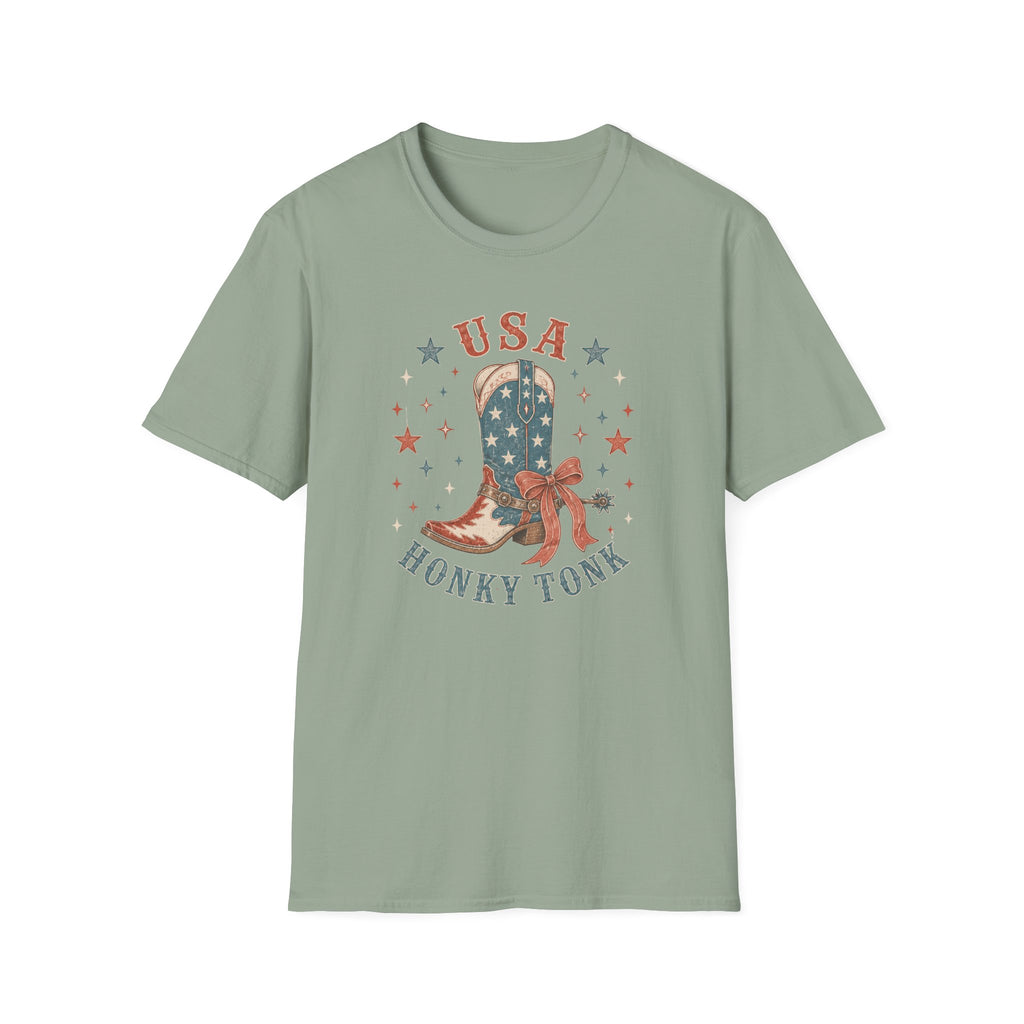 USA Honky Tonk T-Shirt, Patriotic Cowboy Boot Coquette Bow Tee, Country Western 4th of July Shirt, Star Cowgirl Boot America Gift Women, Country Patriotic Concert Tee