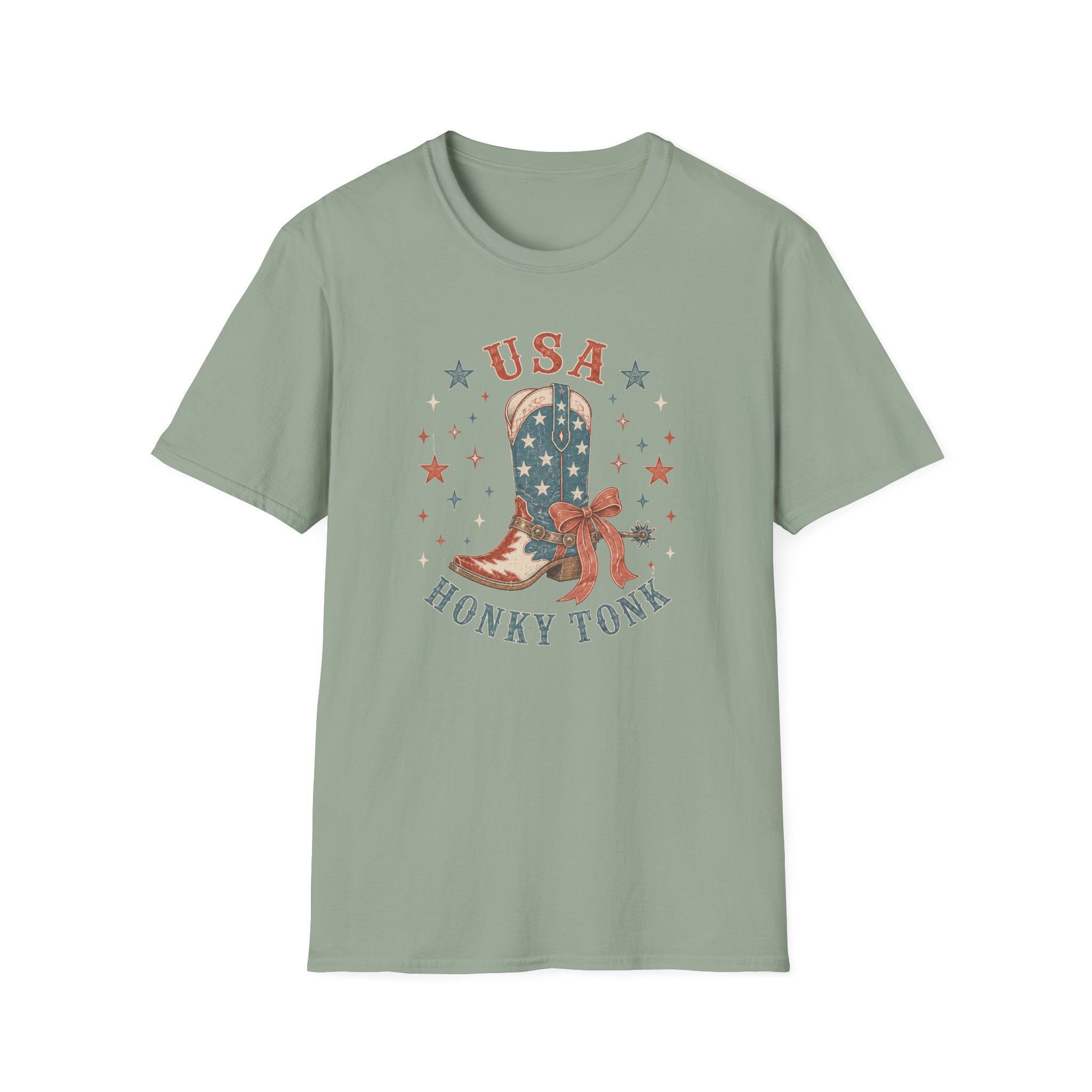 USA Honky Tonk T-Shirt, Patriotic Cowboy Boot Coquette Bow Tee, Country Western 4th of July Shirt, Star Cowgirl Boot America Gift Women, Country Patriotic Concert Tee