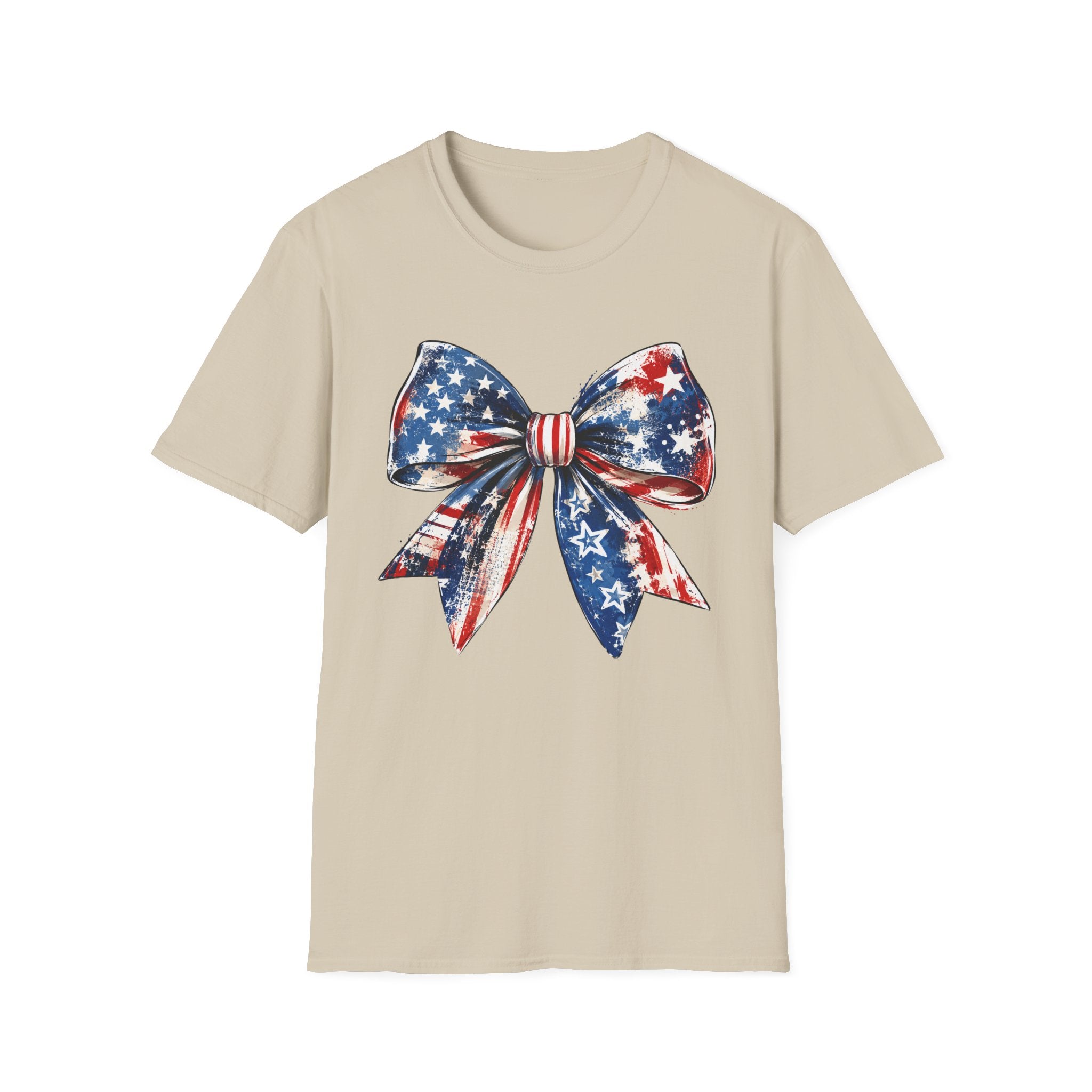 Distressed Watercolor Patriotic Bow T-Shirt, Vintage Grunge American Flag Bow Tee, Worn Texture Coquette 4th of July Shirt, Brushstroke Stars Stripes Bow Gift