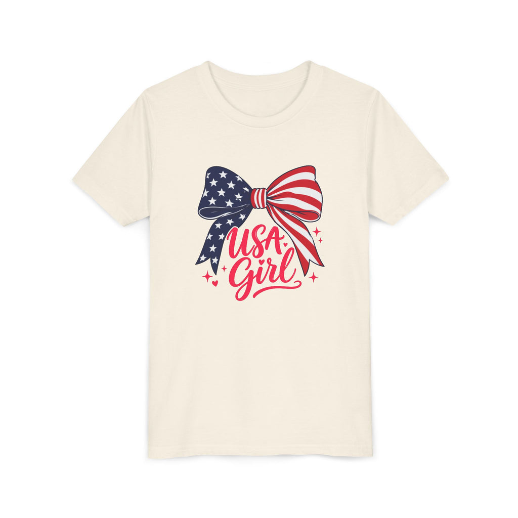 USA Girl Bow Tee, Patriotic Red White Blue Shirt, Cute American Pride Graphic Top, Fourth of July Celebration Outfit Youth Short Sleeve Tee
