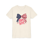 USA Girl Bow Tee, Patriotic Red White Blue Shirt, Cute American Pride Graphic Top, Fourth of July Celebration Outfit Youth Short Sleeve Tee