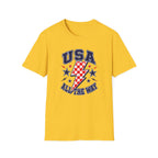 USA All The Way Patriotic T-Shirt, Retro Americana Graphic Tee, Vintage Fourth of July Shirt, Lightning Bolt Checkered Design, Summer Independence Day Apparel T-Shirt