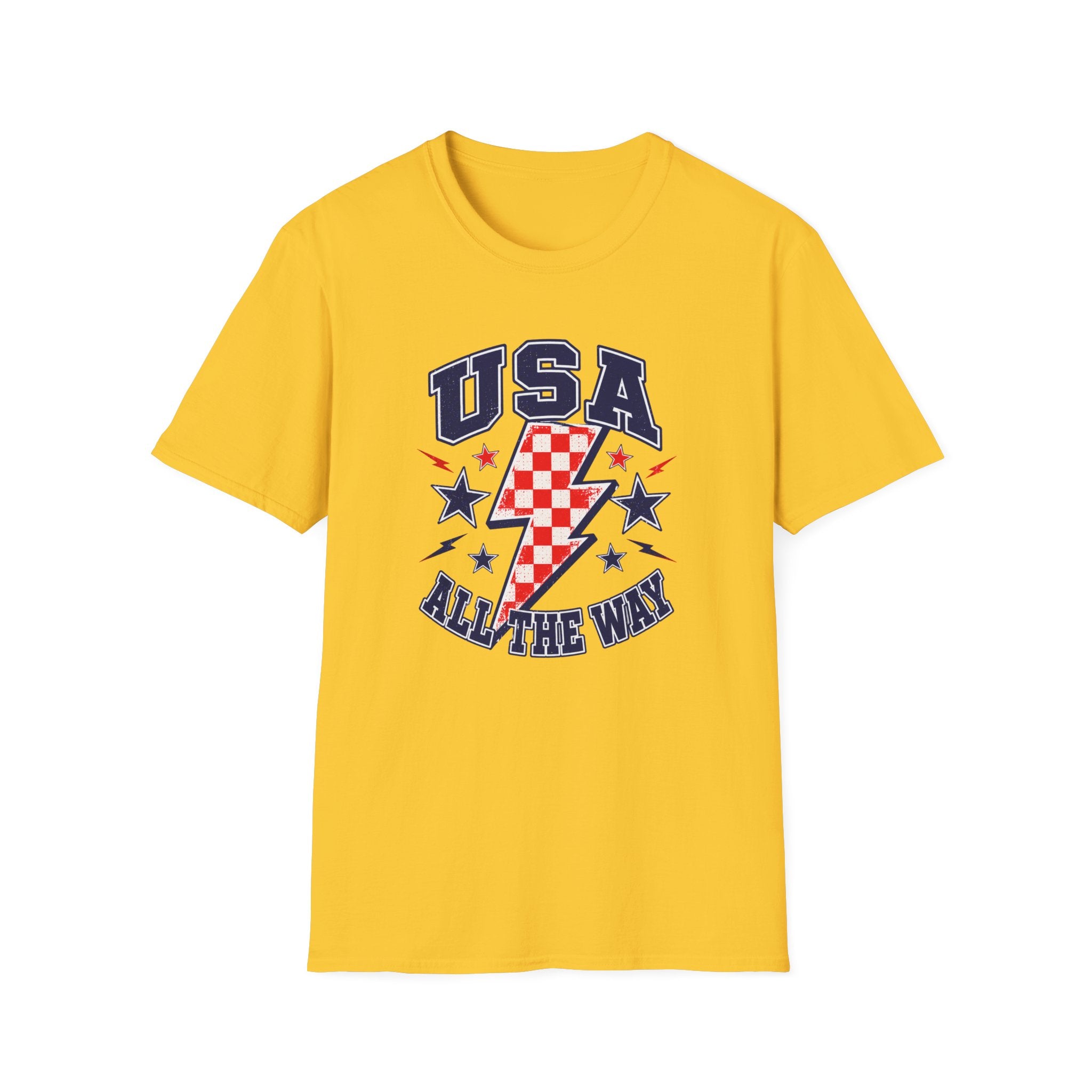 USA All The Way Patriotic T-Shirt, Retro Americana Graphic Tee, Vintage Fourth of July Shirt, Lightning Bolt Checkered Design, Summer Independence Day Apparel T-Shirt