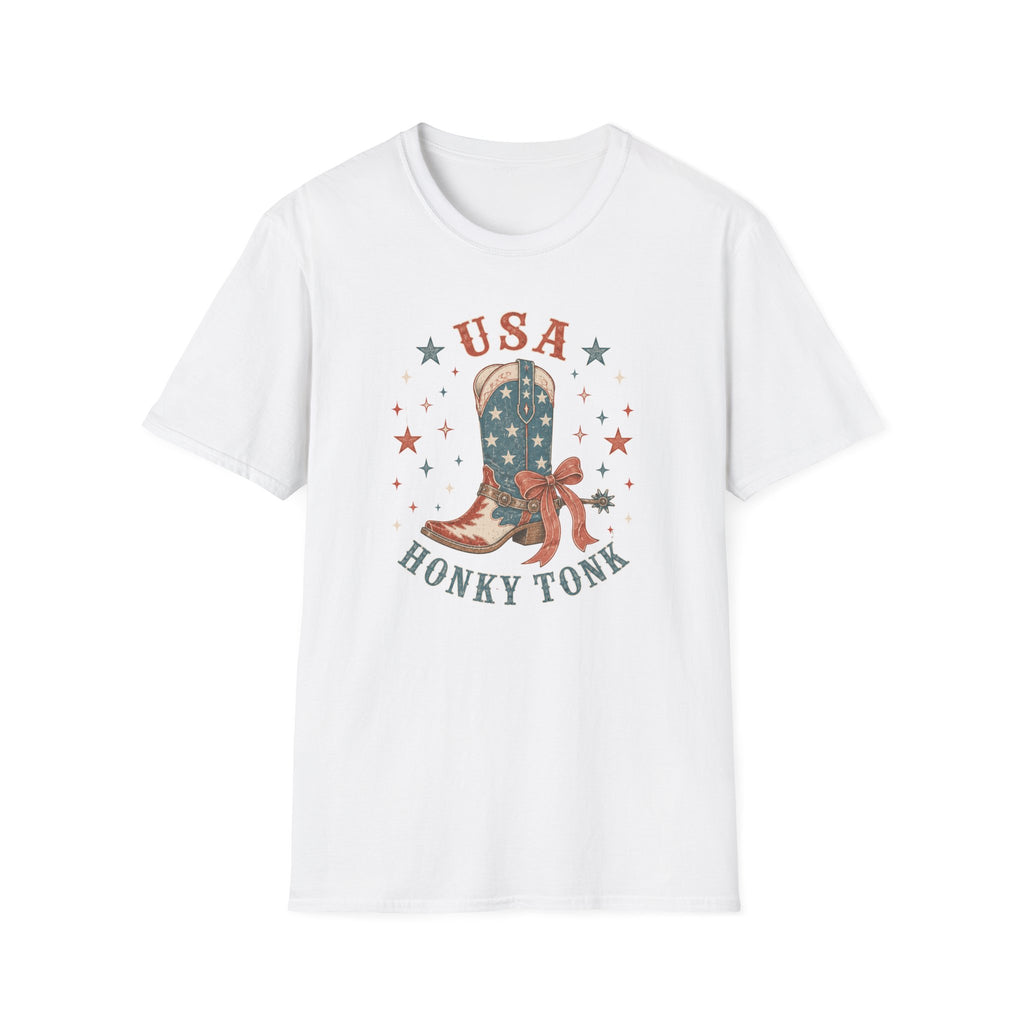 USA Honky Tonk T-Shirt, Patriotic Cowboy Boot Coquette Bow Tee, Country Western 4th of July Shirt, Star Cowgirl Boot America Gift Women, Country Patriotic Concert Tee