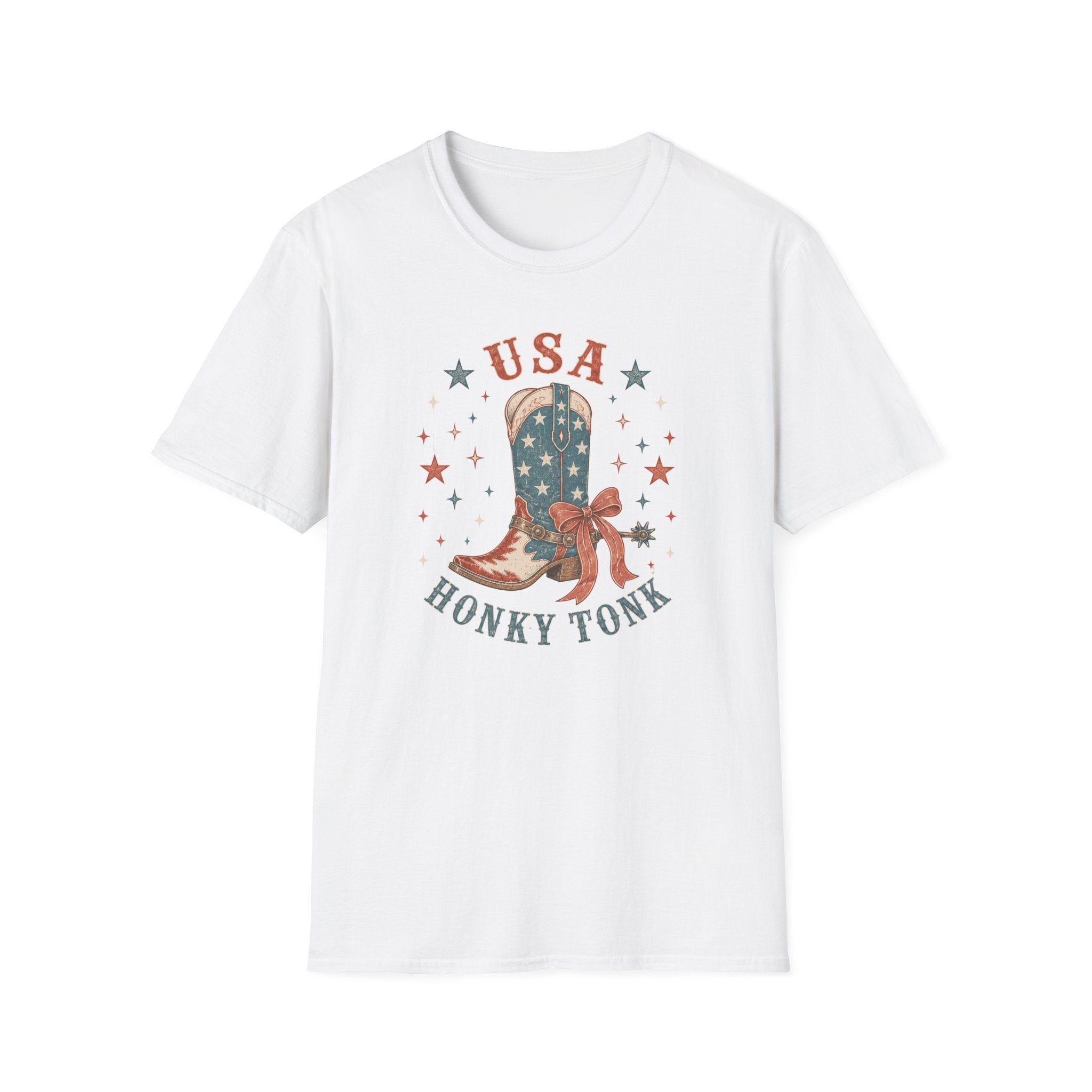 USA Honky Tonk T-Shirt, Patriotic Cowboy Boot Coquette Bow Tee, Country Western 4th of July Shirt, Star Cowgirl Boot America Gift Women, Country Patriotic Concert Tee