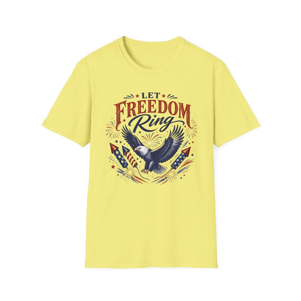 Let Freedom Ring T-Shirt | Patriotic American Bald Eagle Graphic Tee, Fourth Of July Retro Fireworks Top