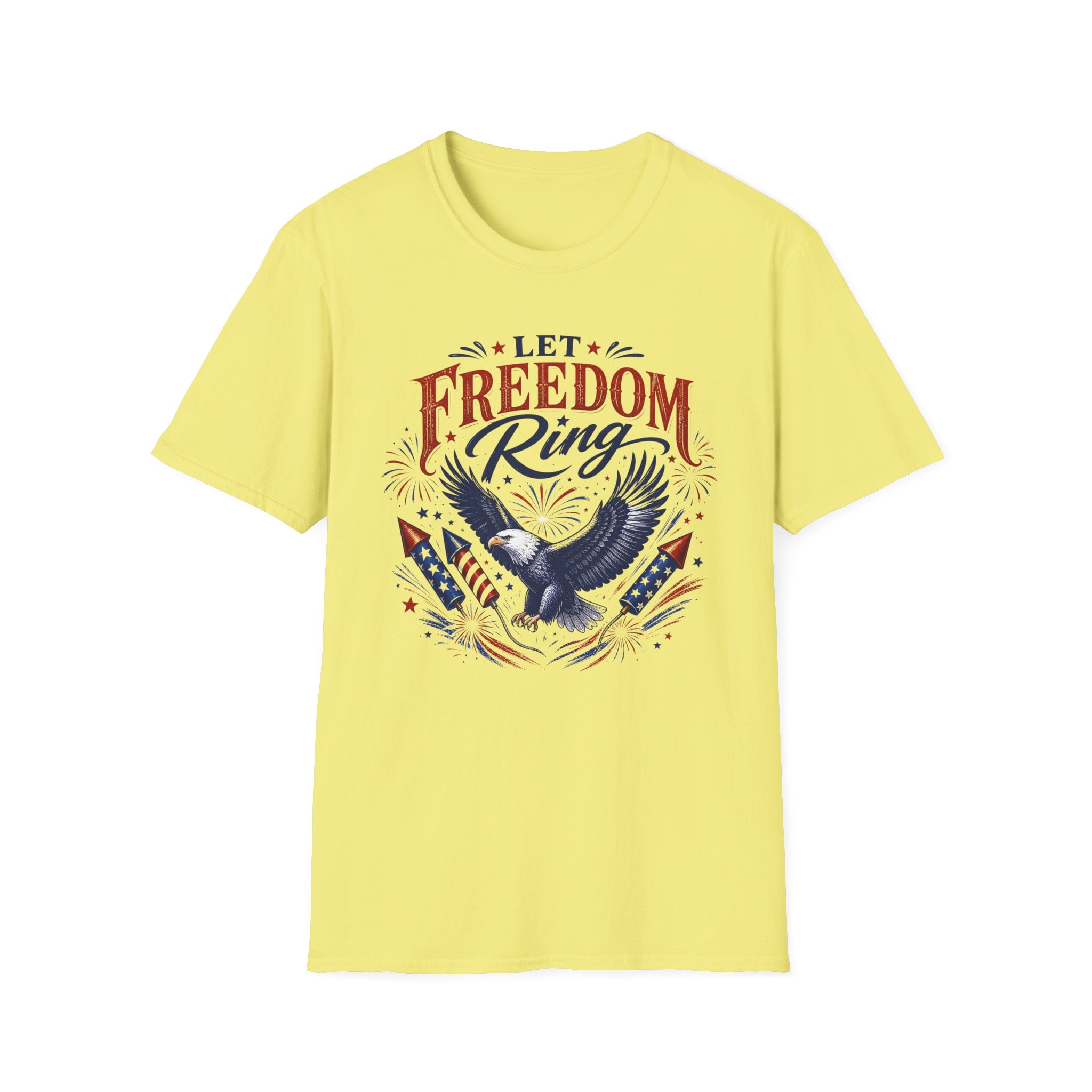 Let Freedom Ring T-Shirt | Patriotic American Bald Eagle Graphic Tee, Fourth Of July Retro Fireworks Top