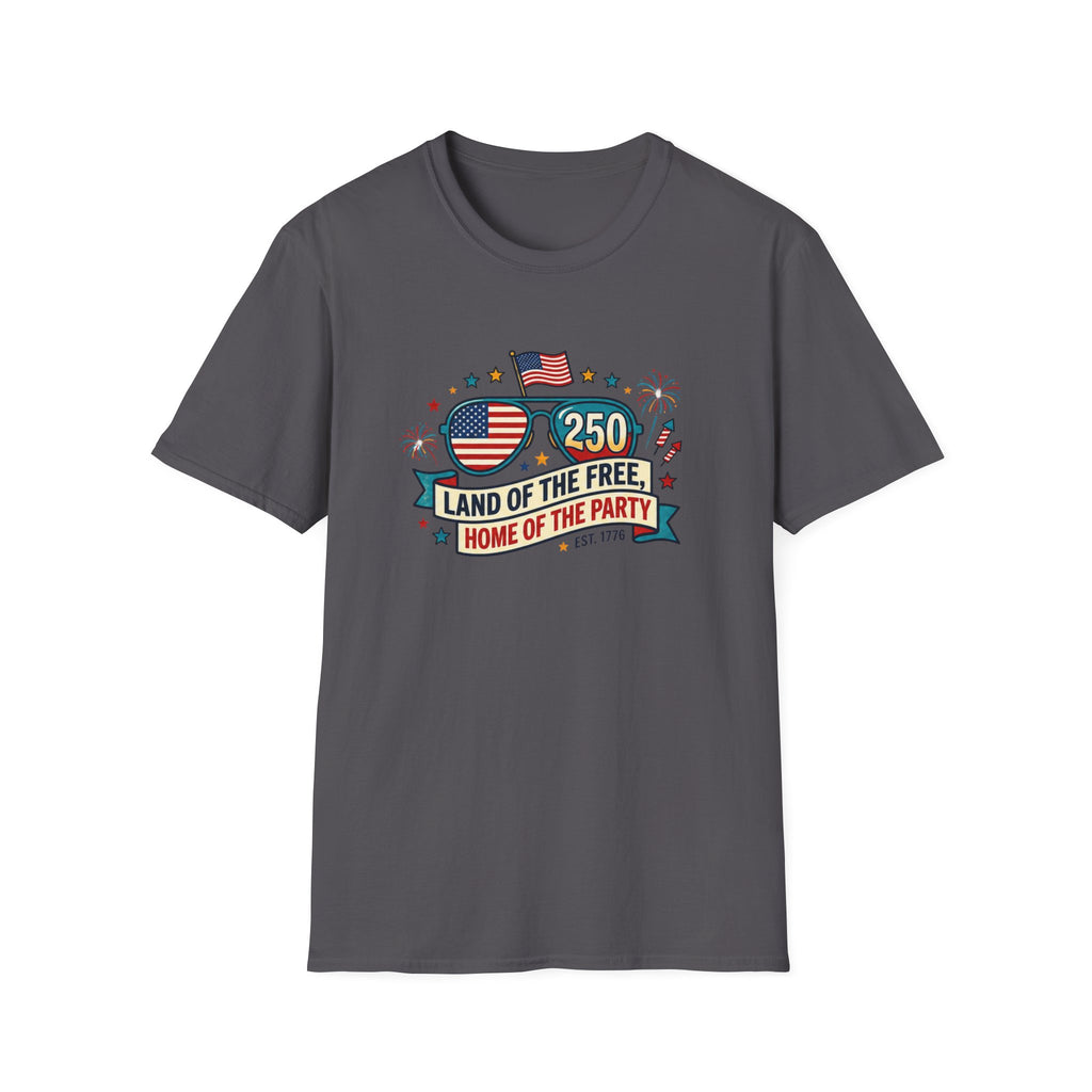 Land of the Free Home of the Party Tee, USA 250 Sunglasses Shirt, Red White Blue Celebration Graphic Top, Patriotic Fourth of July Outfit T-Shirt