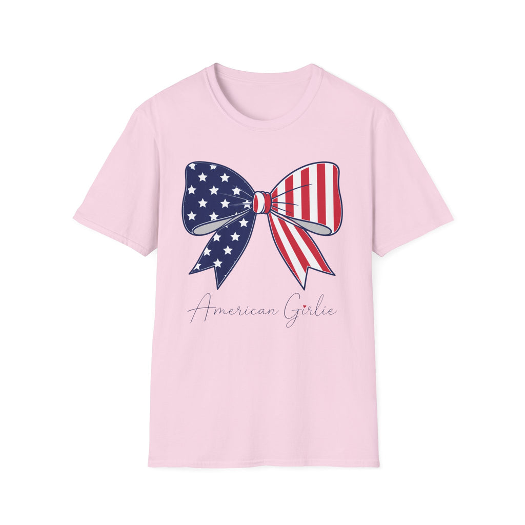 American Girl T-Shirt, Coquette Patriotic Flag Bow Tee, 4th of July Shirt, USA Stars Stripes Bow Script Gift, Cute Independence Day Tee