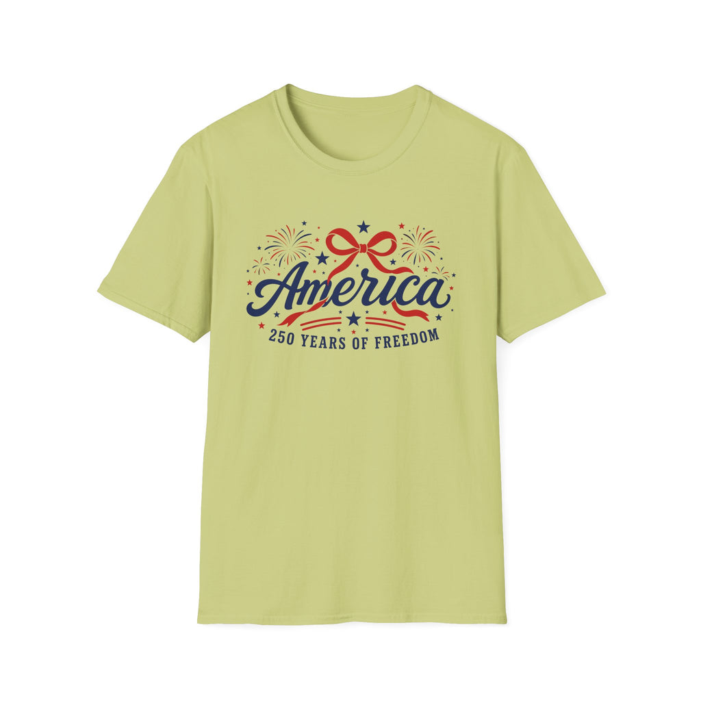 America 250 Years Of Freedom T-Shirt | Semiquincentennial Patriotic Fireworks Tee, Coquette Ribbon Bow Holiday Clothing