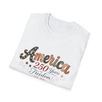 America 250 Years of Freedom Patchwork Shirt, Retro Patriotic Script Tee 1776 2026, 4th of July Vintage Americana T-Shirt, Gingham Stars Scrollwork Anniversary
