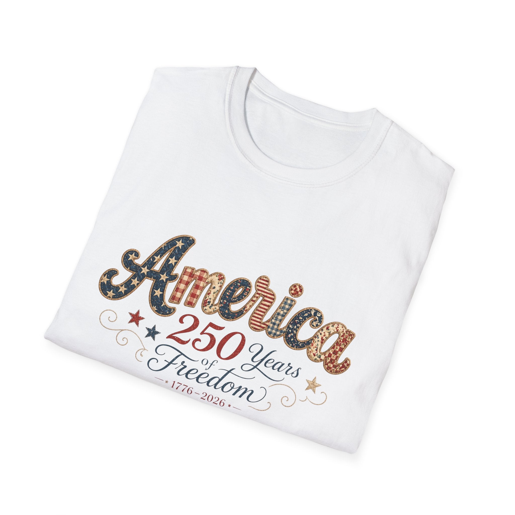 America 250 Years of Freedom Patchwork Shirt, Retro Patriotic Script Tee 1776 2026, 4th of July Vintage Americana T-Shirt, Gingham Stars Scrollwork Anniversary
