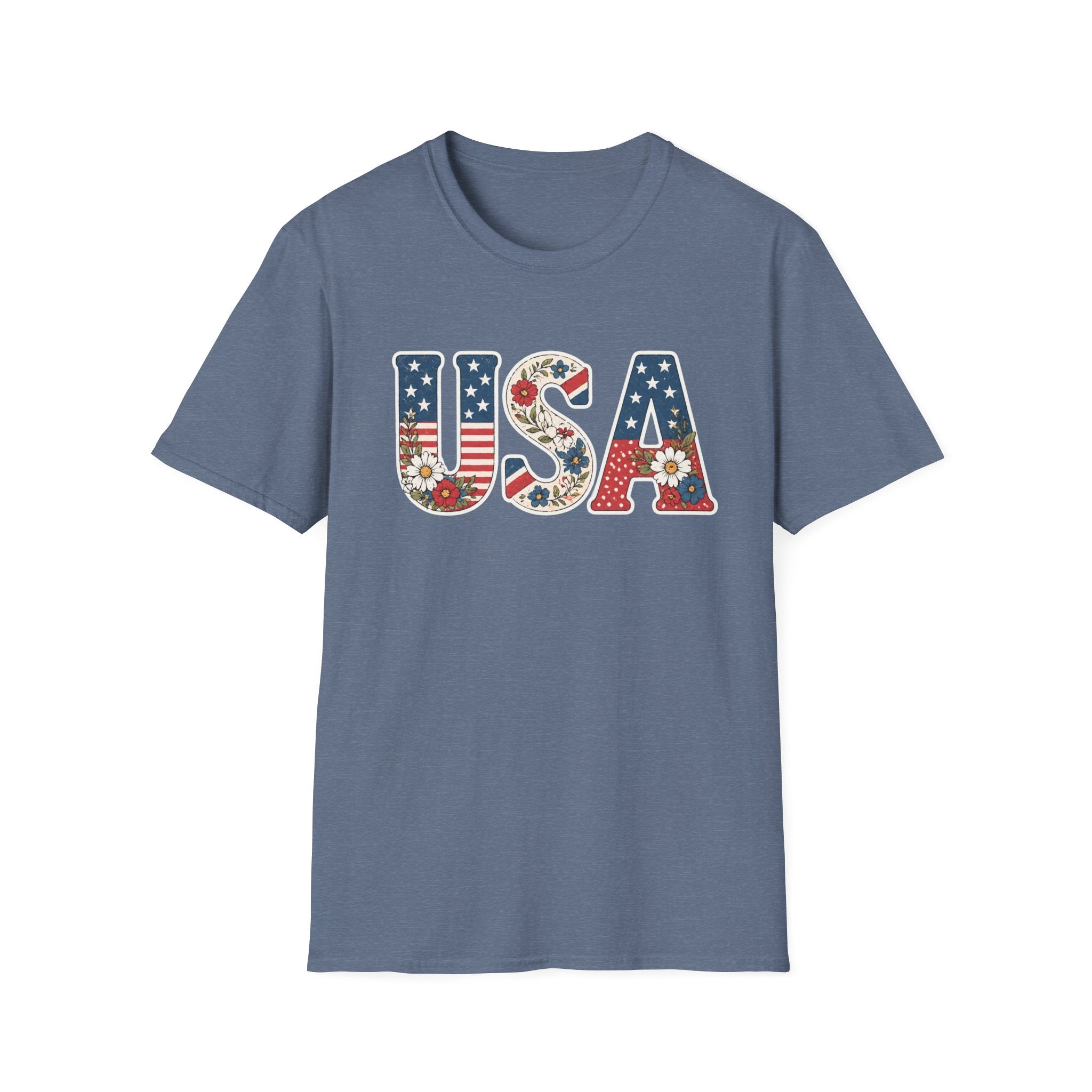 USA Patriotic Floral T-Shirt | American Flag Block Lettering Graphic Tee, Fourth Of July Vintage Cottagecore Top