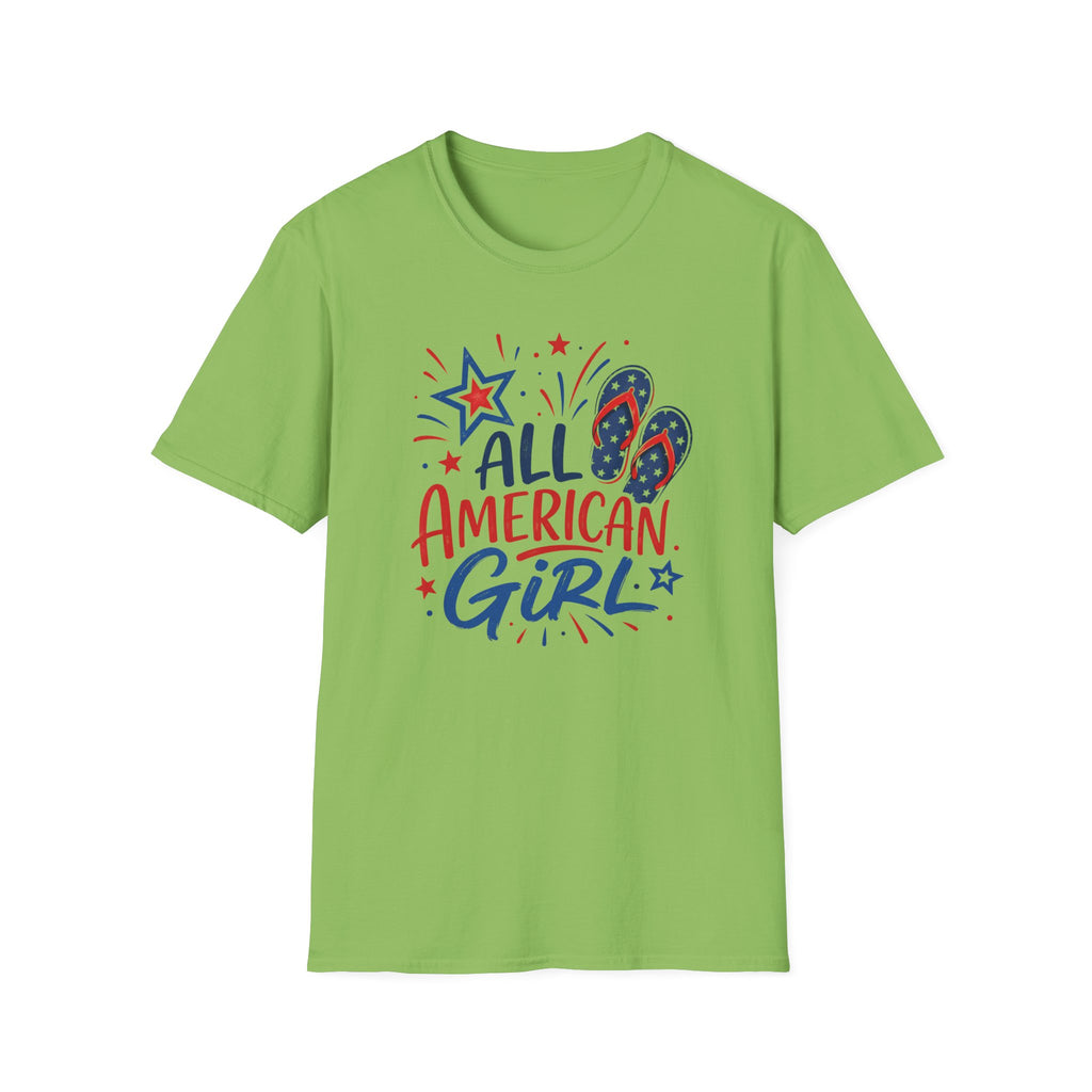 Patriotic All American Girl Graphic Tee - 4th of July Flip Flops Summer T-Shirt