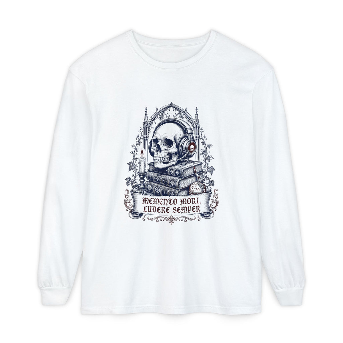 Gothic Skull 'Memento Mori' Bookstack Design - Long Sleeve T-Shirt