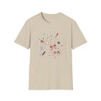 Patriotic Doodle Collage T-Shirt, Cute 4th of July Bow Heart Flag Confetti Tee, Whimsical Festive America Shirt, Coquette Patriotic Icon Scatter Gift