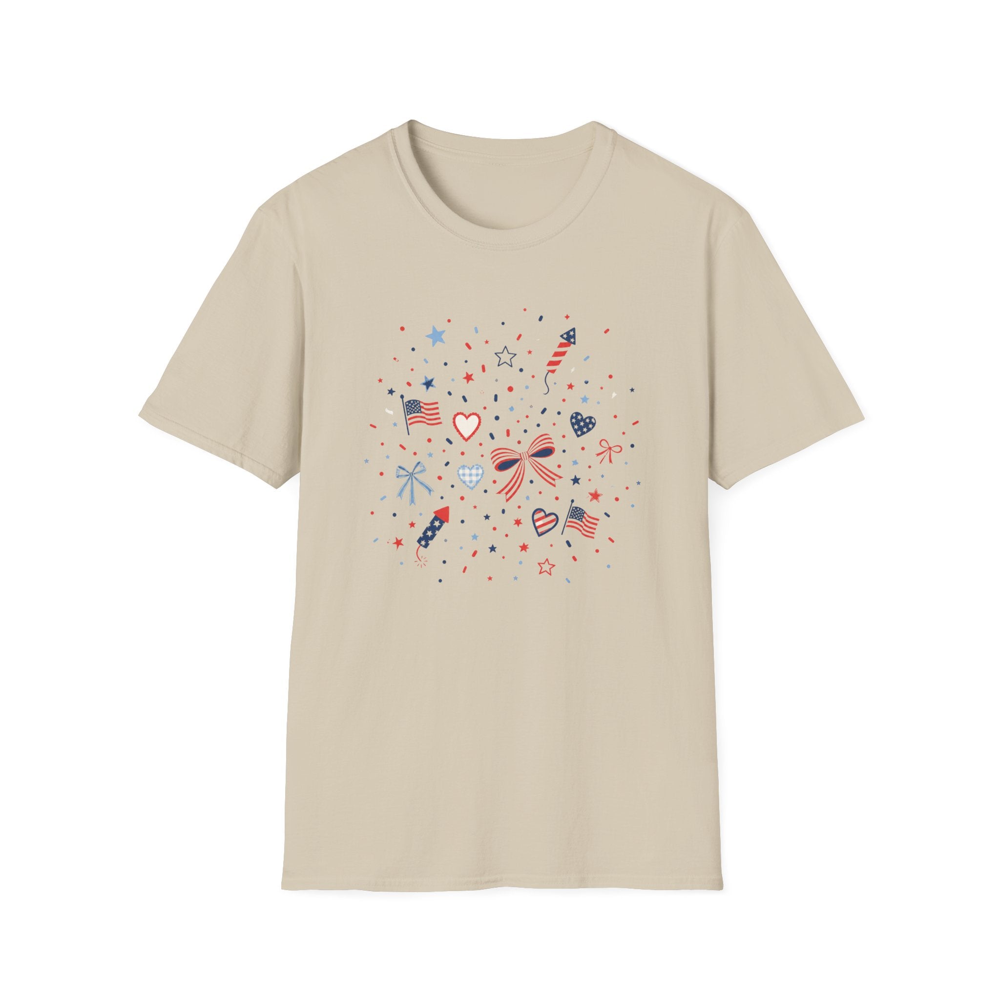 Patriotic Doodle Collage T-Shirt, Cute 4th of July Bow Heart Flag Confetti Tee, Whimsical Festive America Shirt, Coquette Patriotic Icon Scatter Gift