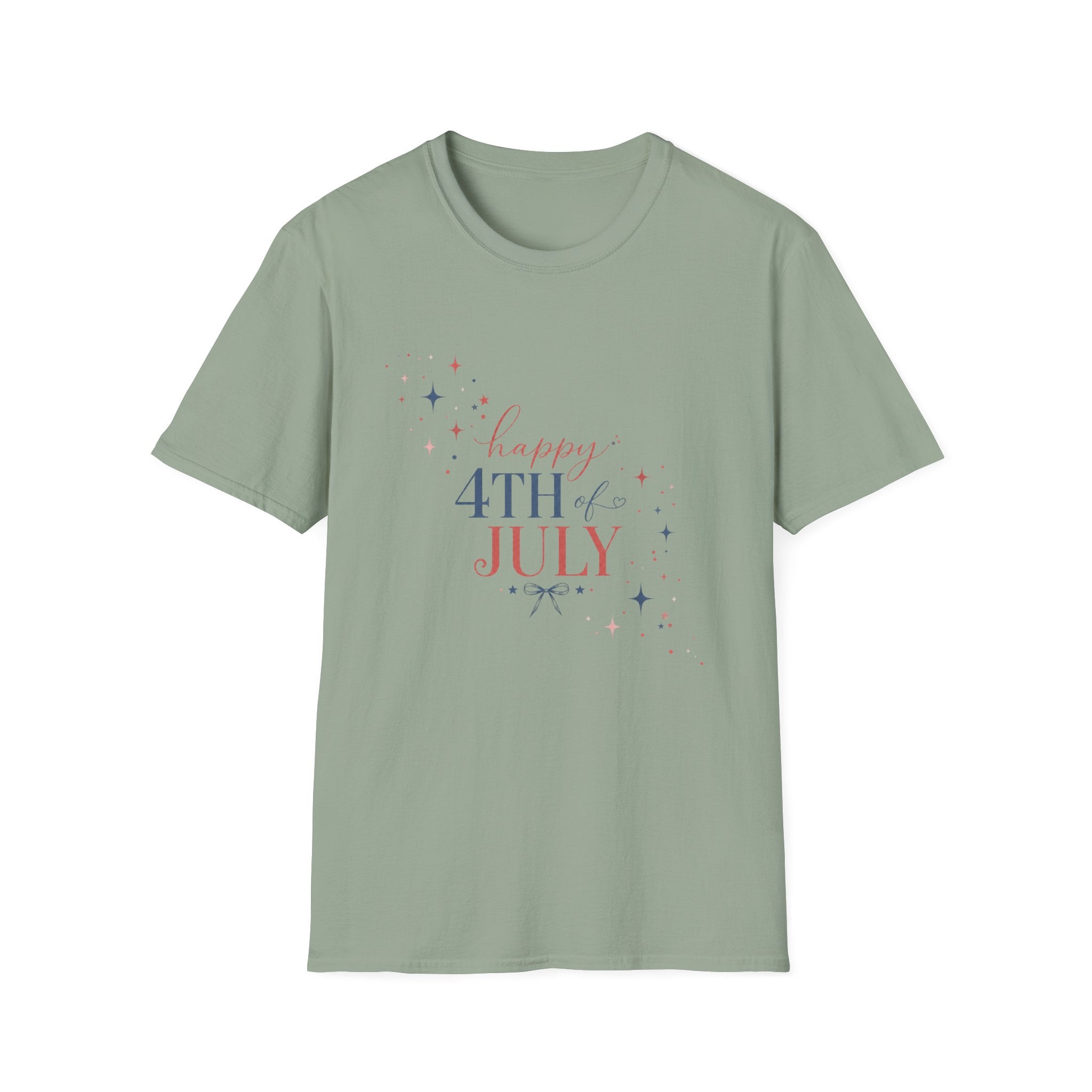 Happy 4th of July Sparkle Bow T-Shirt, Coquette Patriotic Sparkle Star Tee, Feminine Independence Day Shirt, Cute Mixed Typography 4th July