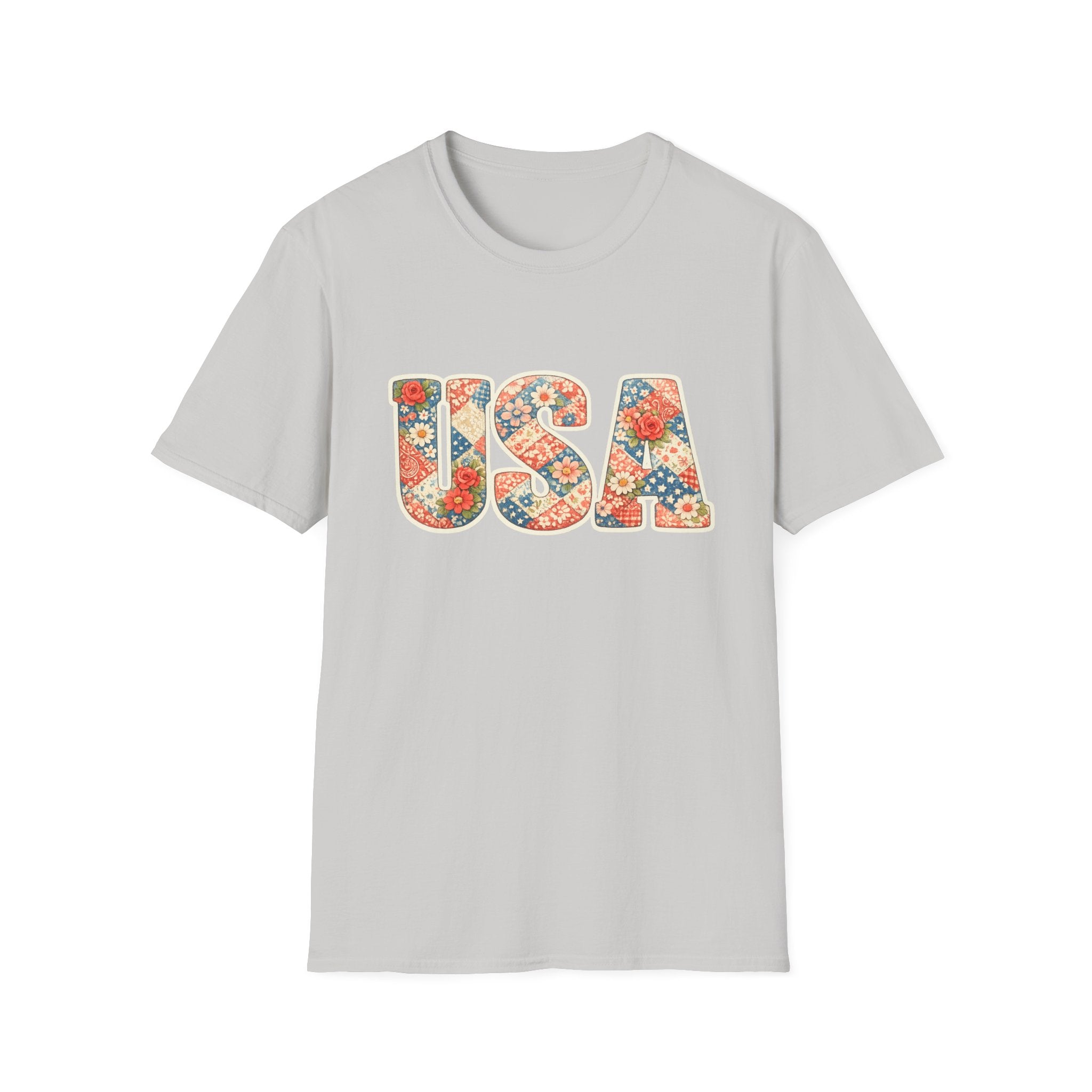 Quilted Patchwork USA T-Shirt, Vintage Floral Rose Daisy America Tee, Cottagecore Patriotic Letter Shirt, 4th of July Grandma Quilt Style