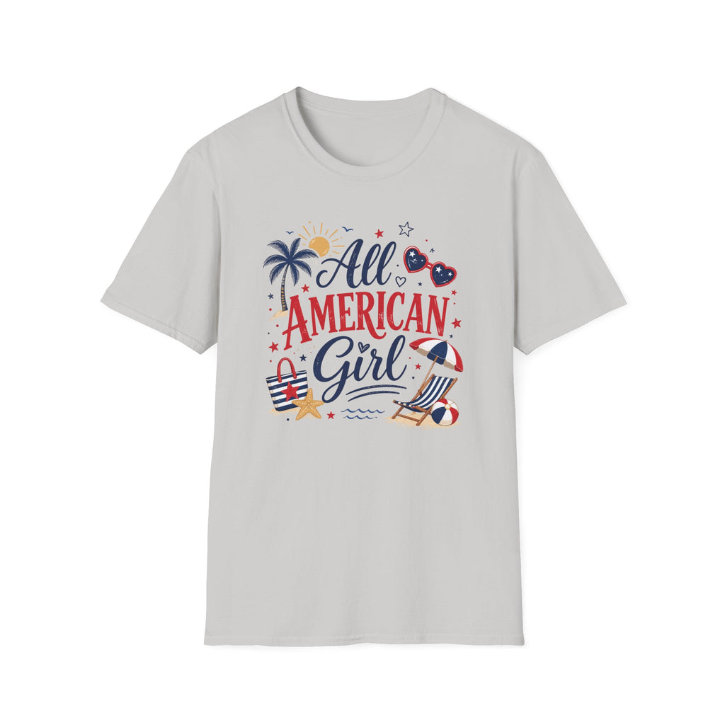 All American Girl Graphic Tee - Patriotic 4th of July Summer Beach T-Shirt
