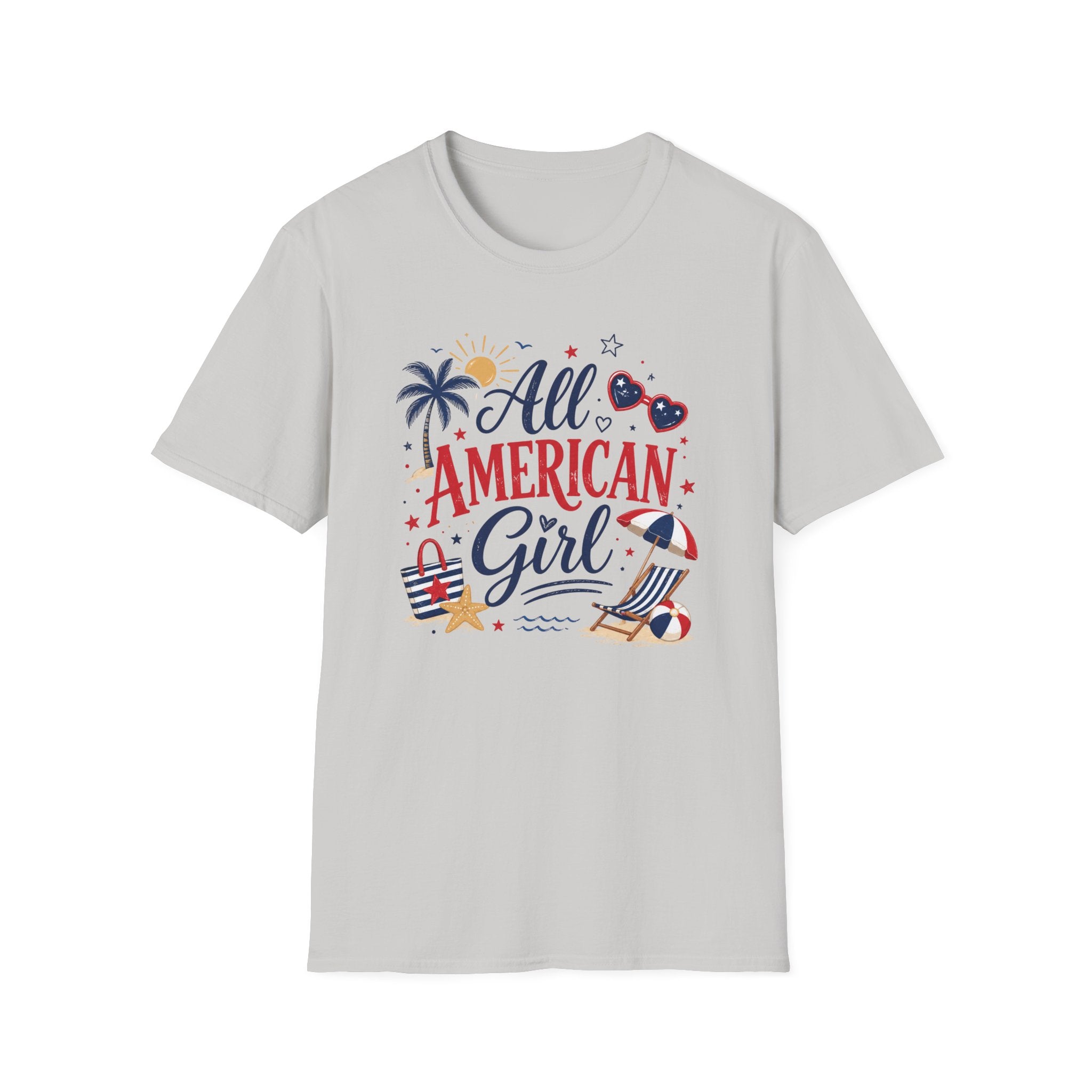 All American Girl Graphic Tee - Patriotic 4th of July Summer Beach T-Shirt