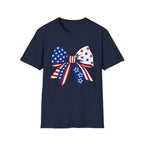 Oversized American Flag Bow T-Shirt, Cheer Bow Stars Stripes Patriotic Tee, Big Coquette 4th of July Bow Shirt, Bold Graphic USA Bow Gift Women Girls Independence Day