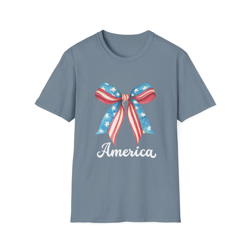 Coquette Patriotic Bow Shirt, 4th of July Women's T-Shirt, American Flag Bow Tee, USA Watercolor Bow, Stars and Stripes Shirt, Independence Day Gift