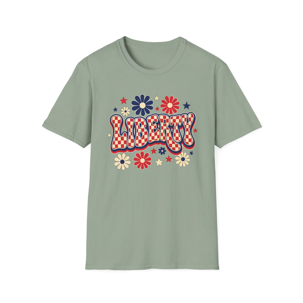 Liberty Retro USA Tee, Vintage Red White Blue Shirt, Patriotic Floral Graphic Top, Fourth of July Celebration Outfit Unisex Softstyle T-Shirt