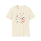 Patriotic Doodle Collage T-Shirt, Cute 4th of July Bow Heart Flag Confetti Tee, Whimsical Festive America Shirt, Coquette Patriotic Icon Scatter Gift