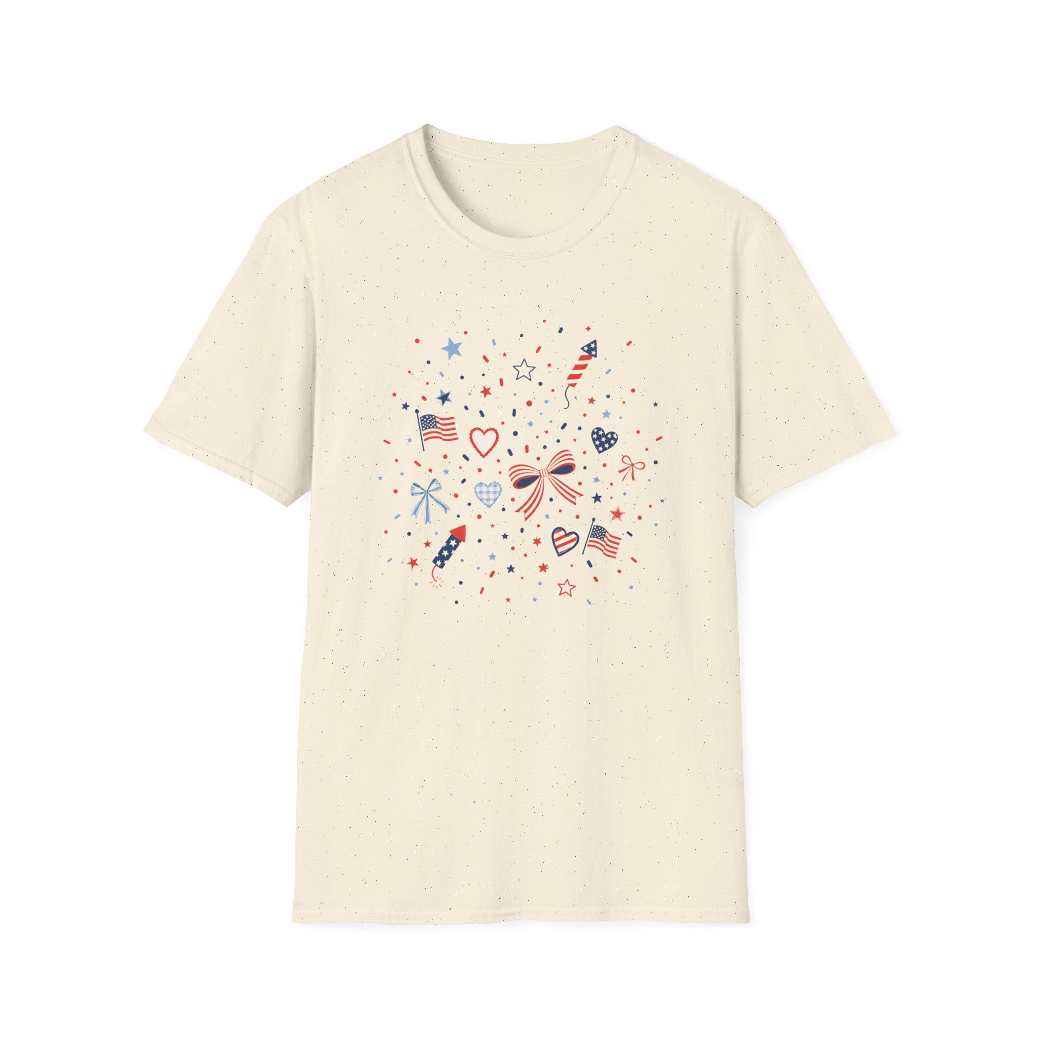 Patriotic Doodle Collage T-Shirt, Cute 4th of July Bow Heart Flag Confetti Tee, Whimsical Festive America Shirt, Coquette Patriotic Icon Scatter Gift