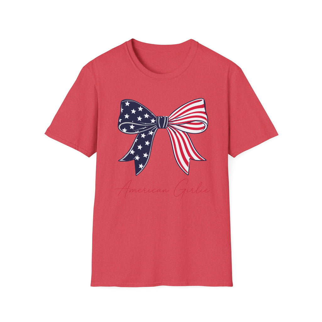 American Girlie Bow Shirt, Clean Split Flag Coquette Tee, Navy Stars Red Stripes Bow 4th of July Women Girls, Bold Graphic Patriotic Script Gift Independence Day