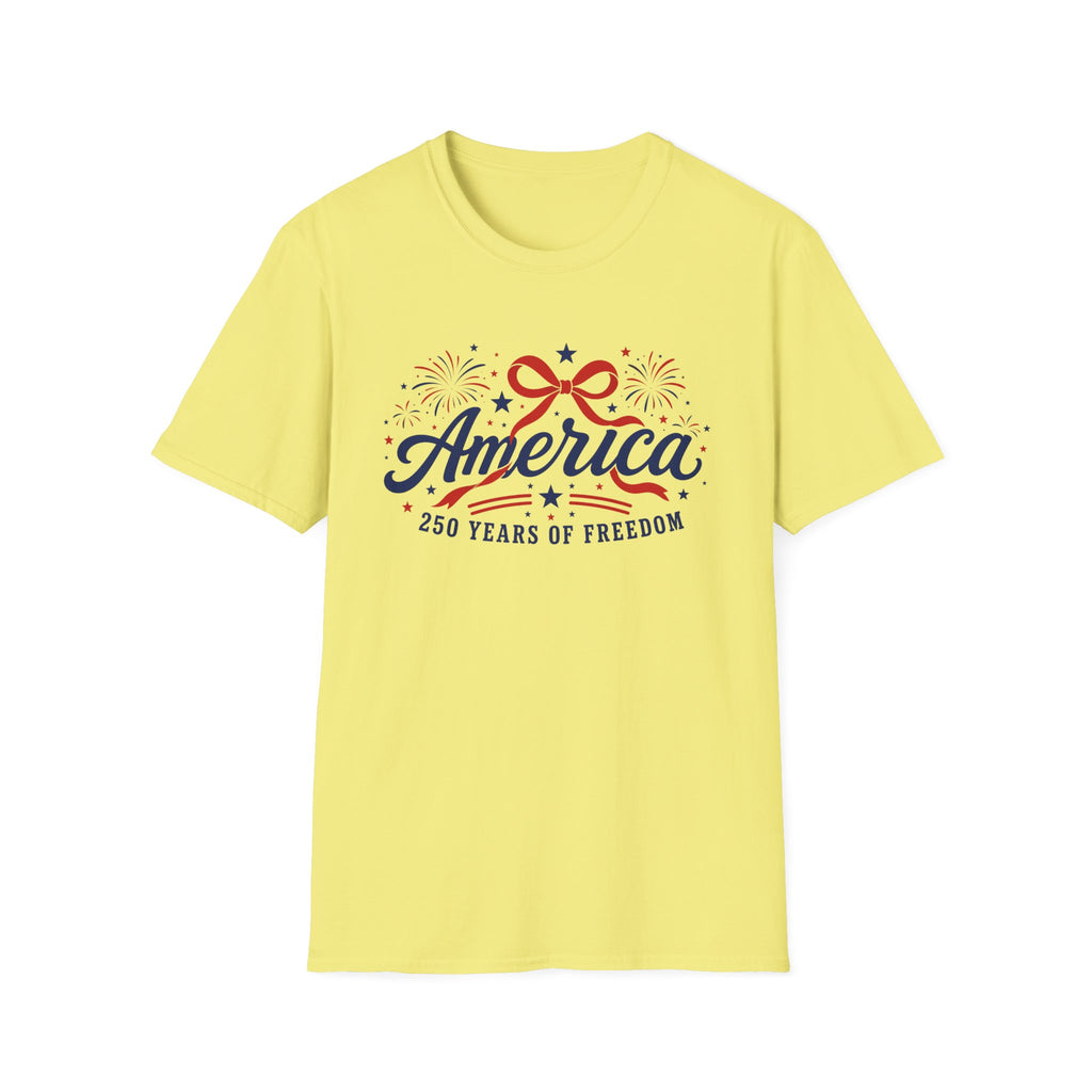America 250 Years Of Freedom T-Shirt | Semiquincentennial Patriotic Fireworks Tee, Coquette Ribbon Bow Holiday Clothing