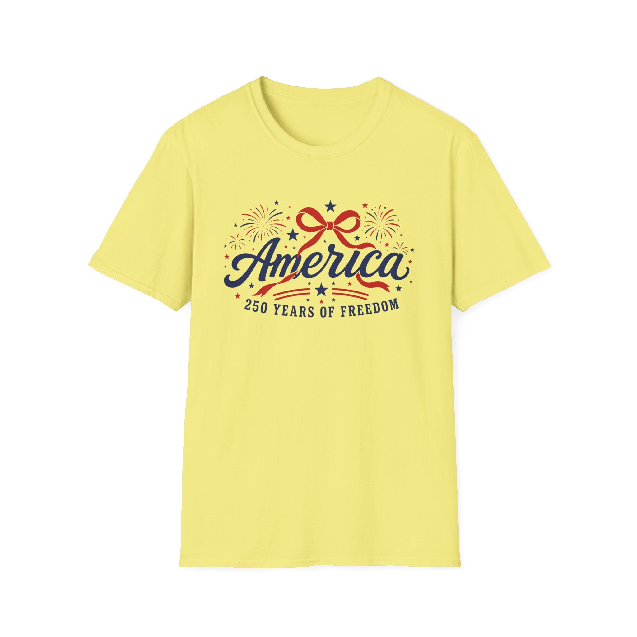 America 250 Years Of Freedom T-Shirt | Semiquincentennial Patriotic Fireworks Tee, Coquette Ribbon Bow Holiday Clothing
